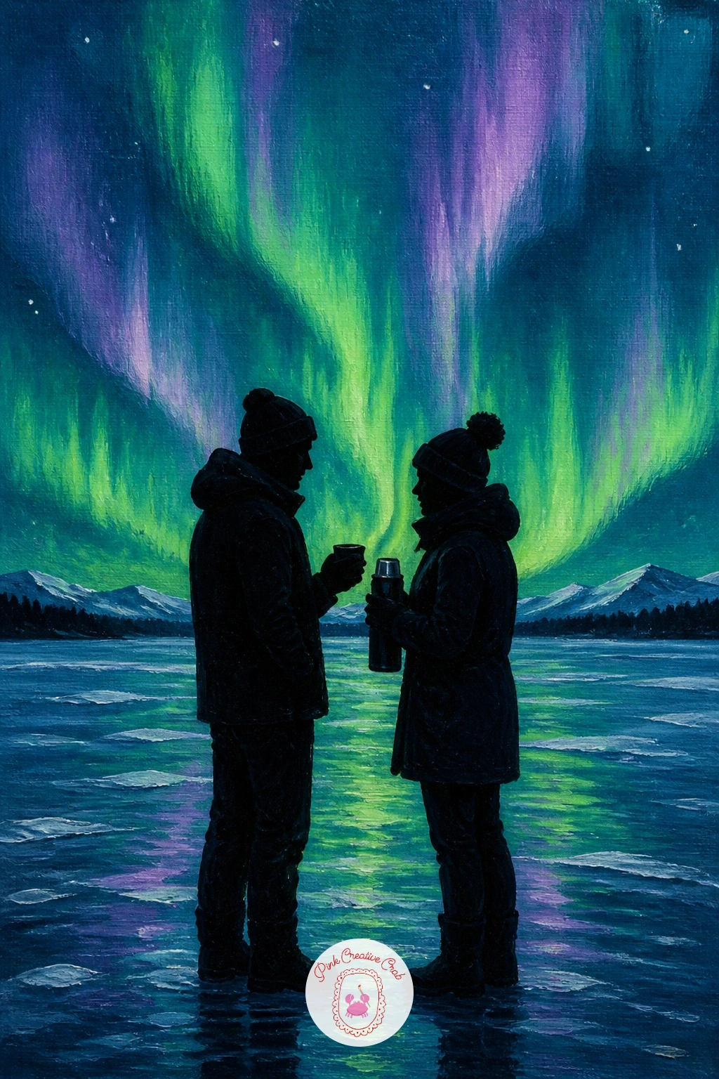 Couple Sharing a Thermos on the Ice — A couple sharing a thermos on a frozen lake beneath the aurora brings two small figures together, which means thinking
