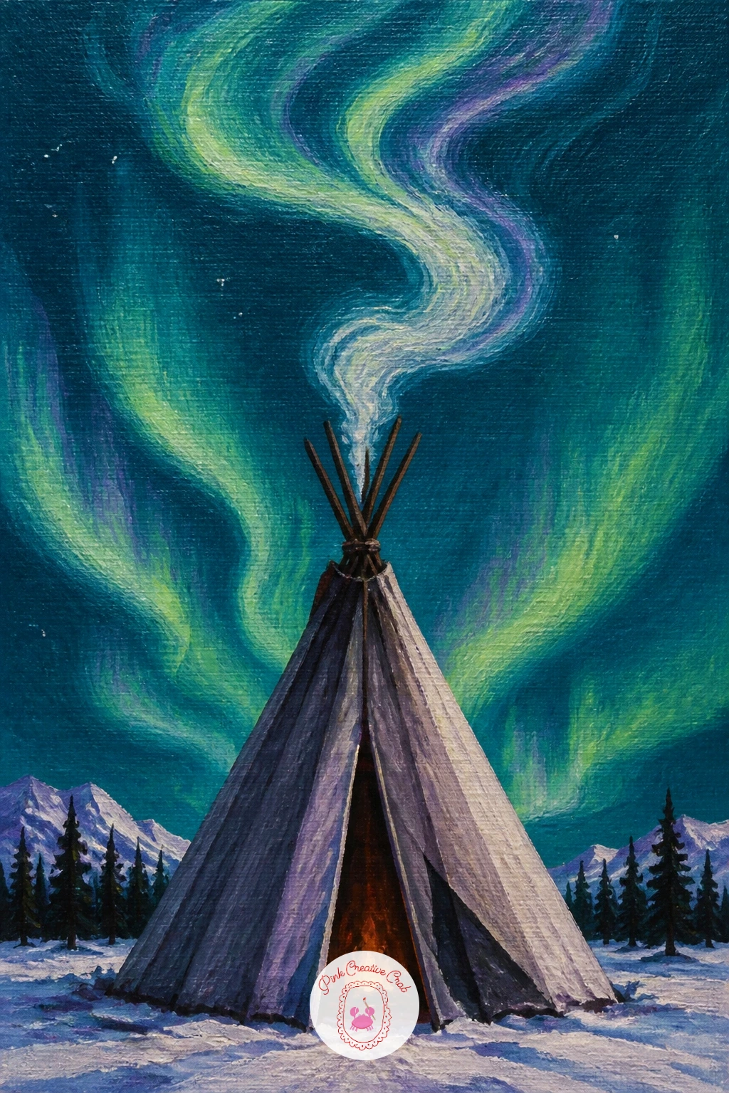 Lavvu Tent With Rising Smoke — A cone-shaped lavvu tent with smoke curling up into the aurora gives you a strong simple silhouette plus a chance to practice a