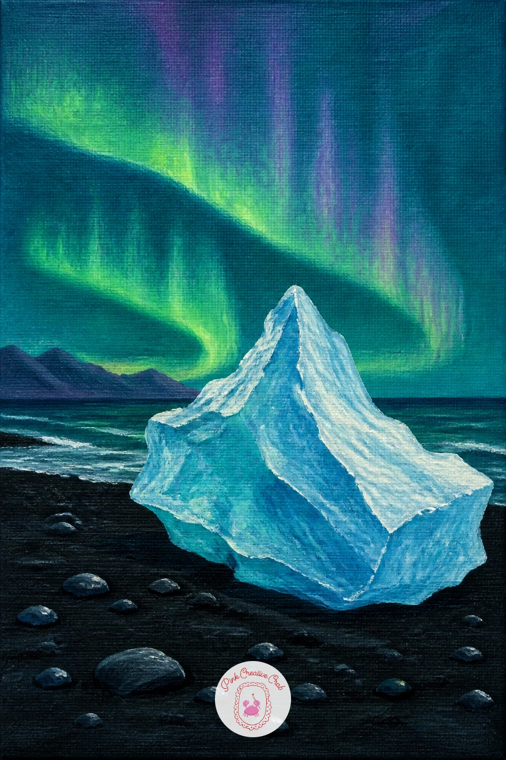 Iceberg on a Black Sand Beach — An iceberg on a black sand beach lit by the northern lights trades snow for dark volcanic sand, a nice contrast that makes the