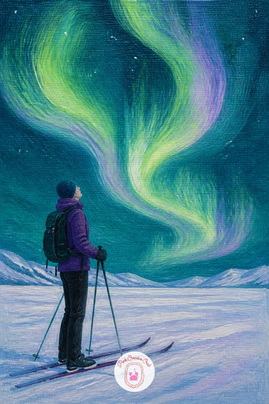 Cross-Country Skier Stopping to Look Up — A cross-country skier stopping on a snowy plain to look up at the aurora adds motion implied through stance rather