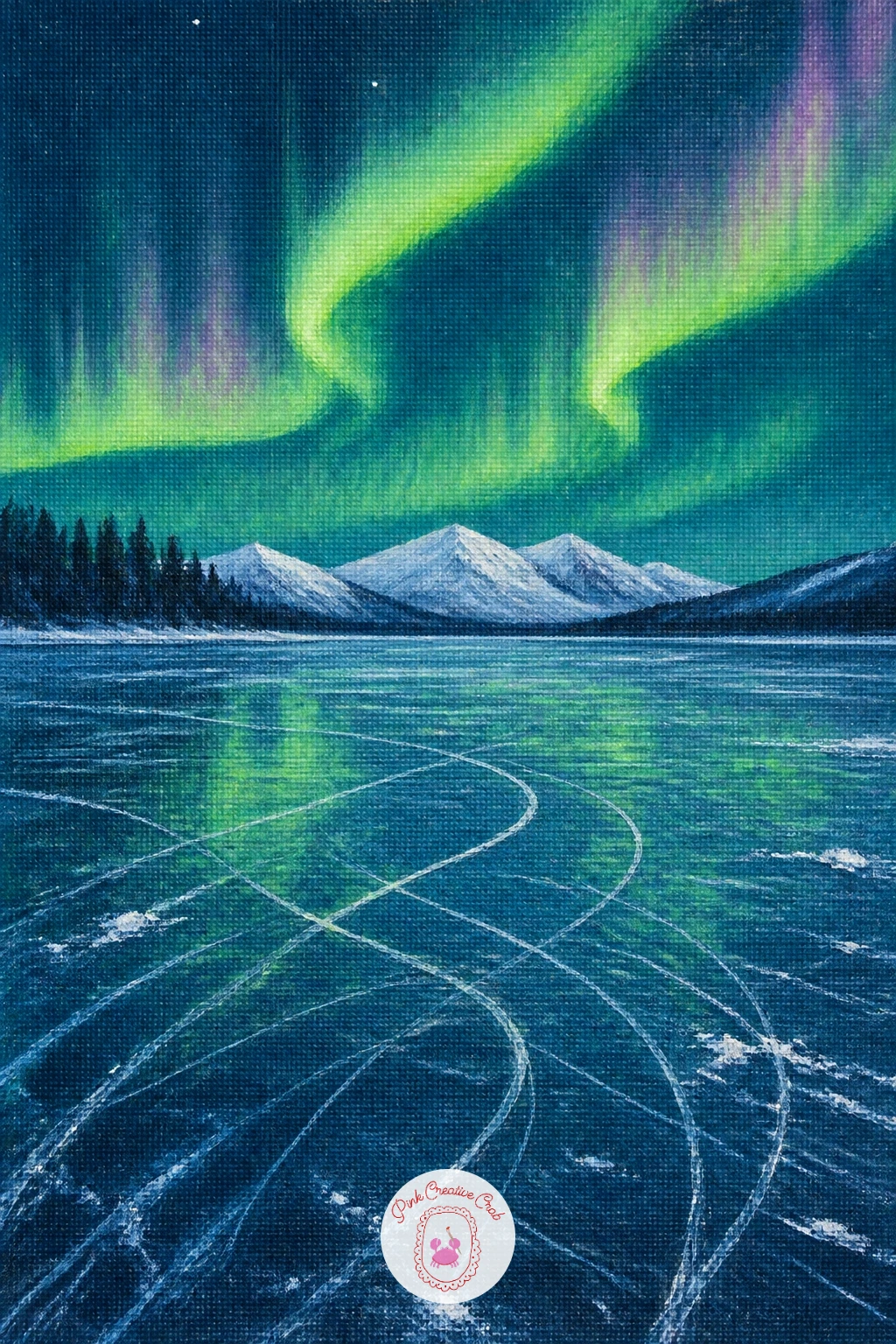 Frozen Lake With Skate Marks — A frozen lake with skate marks reflecting the aurora turns the ground itself into the main subject, no cabin or figure needed