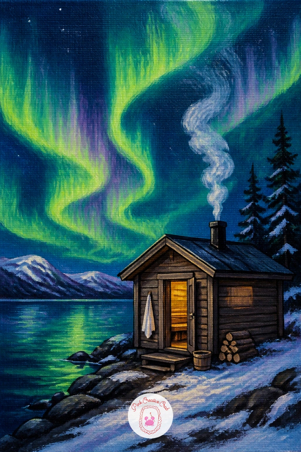 Wooden Sauna Hut With Rising Steam — A wooden sauna hut on a lakeshore with steam rising into the aurora pairs nicely with the earlier hot tub scene, same