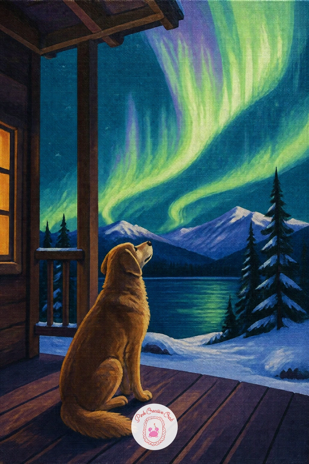 Dog on a Cabin Porch — A dog sitting on a cabin porch watching the green sky brings the earlier husky scene closer to home, one animal, one small structure