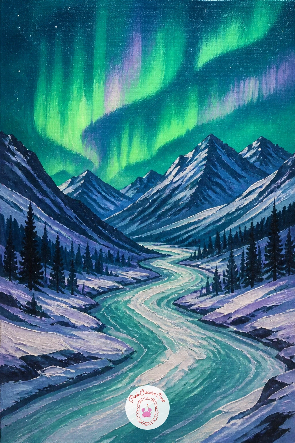 Mountain Valley With a Winding River — A mountain valley with a winding frozen river under the aurora is the most landscape-heavy piece on this list, so plan