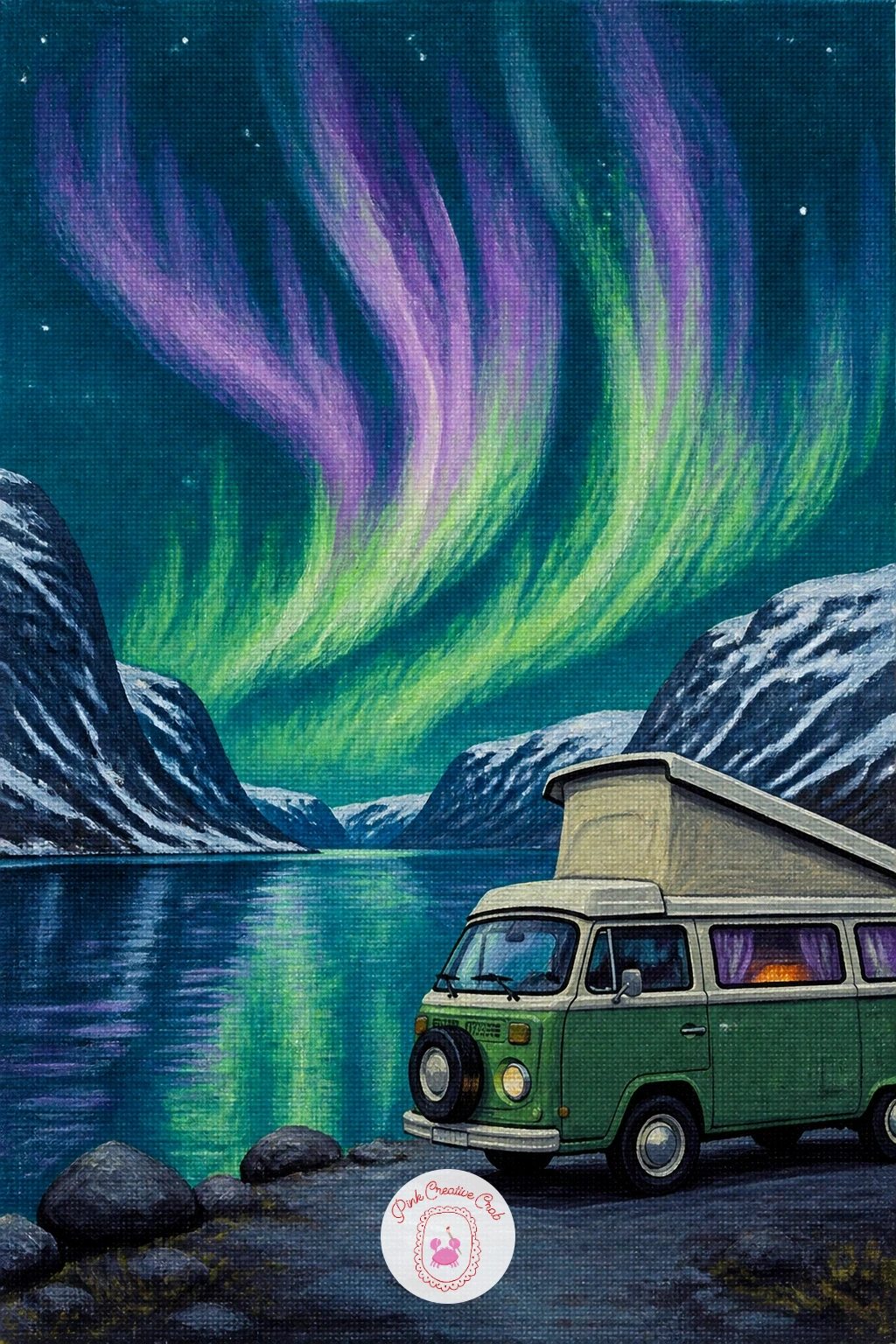 Camper Van by a Fjord — A camper van parked by a fjord with the northern lights above swaps a cabin for something more modern, a nice change if the woodland