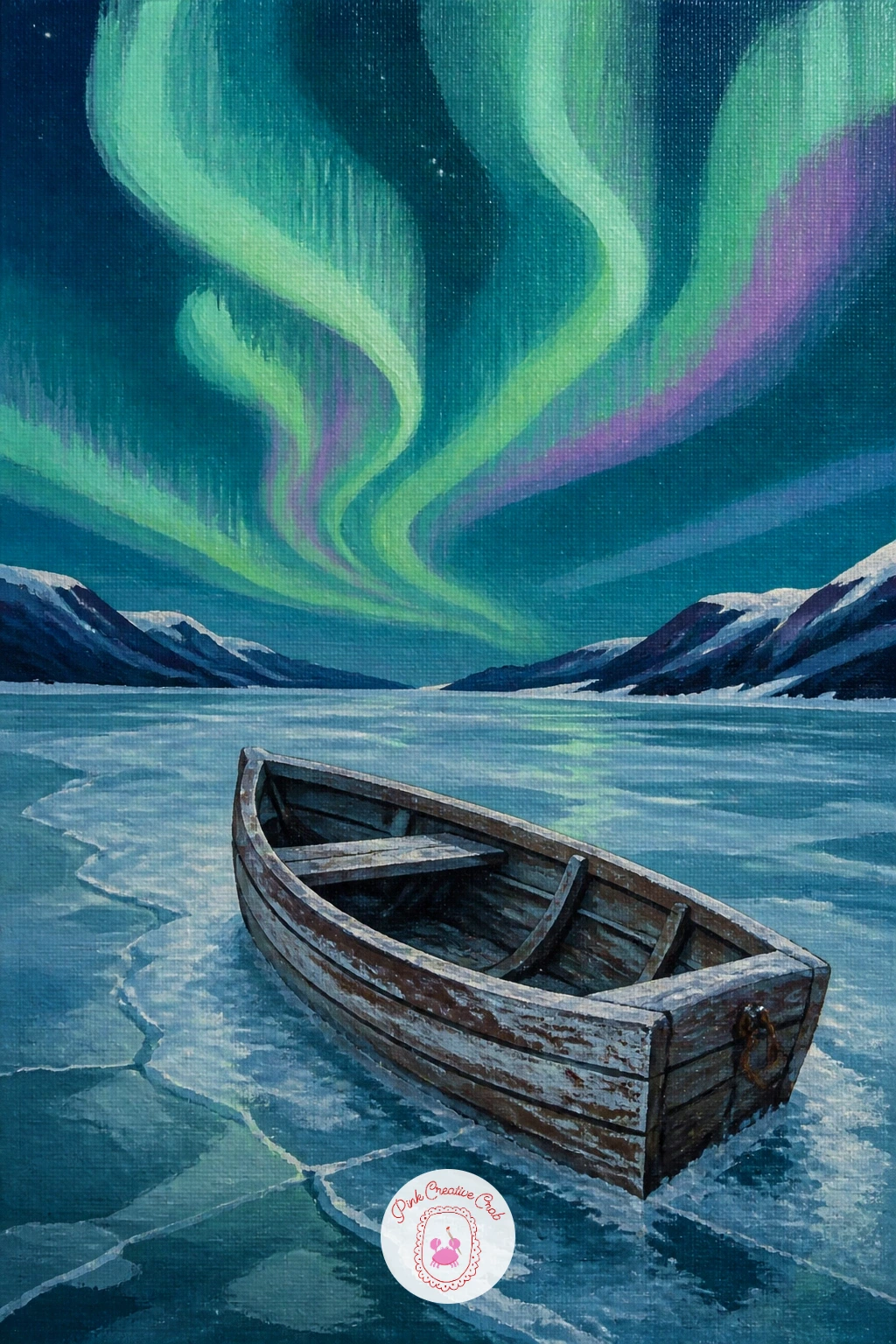 Rowboat Frozen Into Lake Ice — A rowboat frozen into lake ice under curling green light is a quiet single-object scene, good for a session when you want