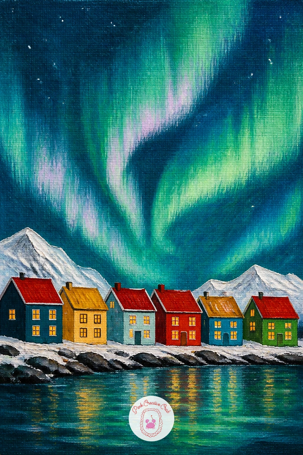 Tiny Town of Colorful Houses — A tiny town of colorful houses on a snowy shore under the aurora is the busiest village scene on this list, so plan your color