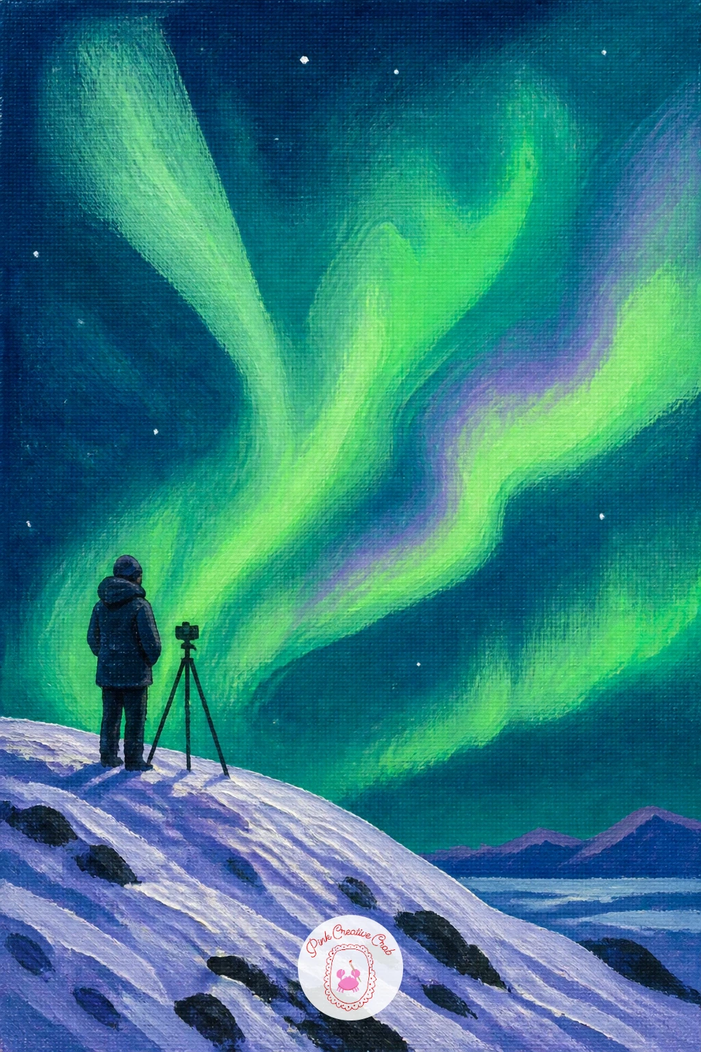 Photographer With a Tripod on a Hill — A photographer with a tripod on a snowy hill catching the aurora is a nice companion to the skier earlier, another small
