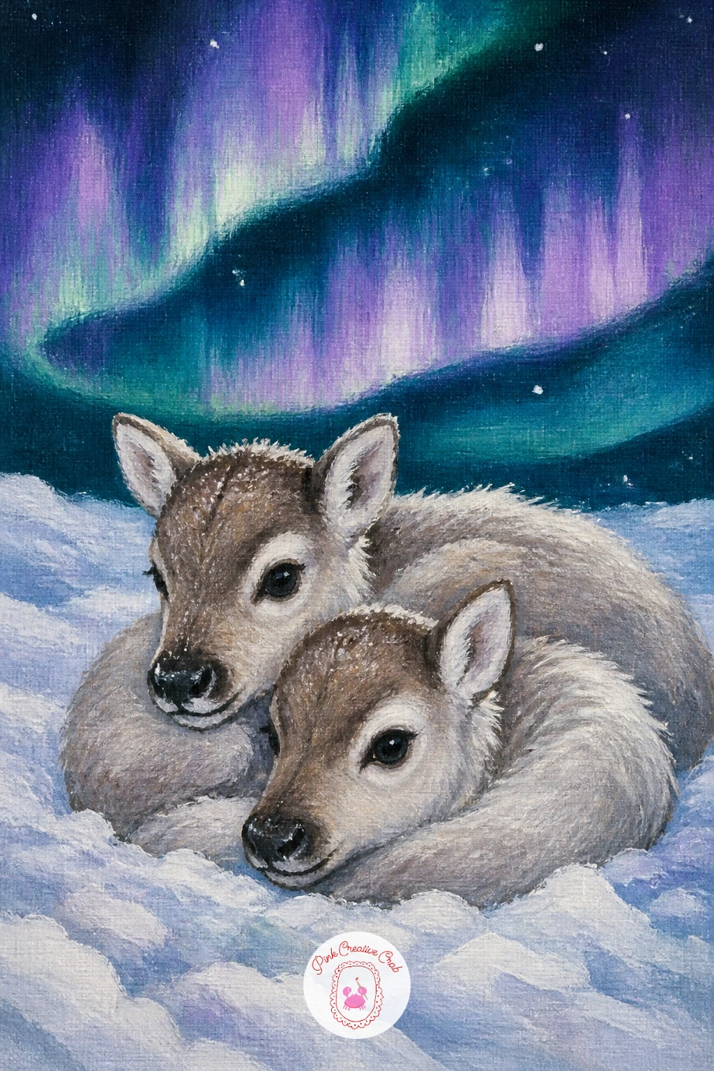Two Reindeer Calves Resting in Snow — Two reindeer calves resting in deep snow under violet lights brings the earlier herd scene down to a quiet pair, a
