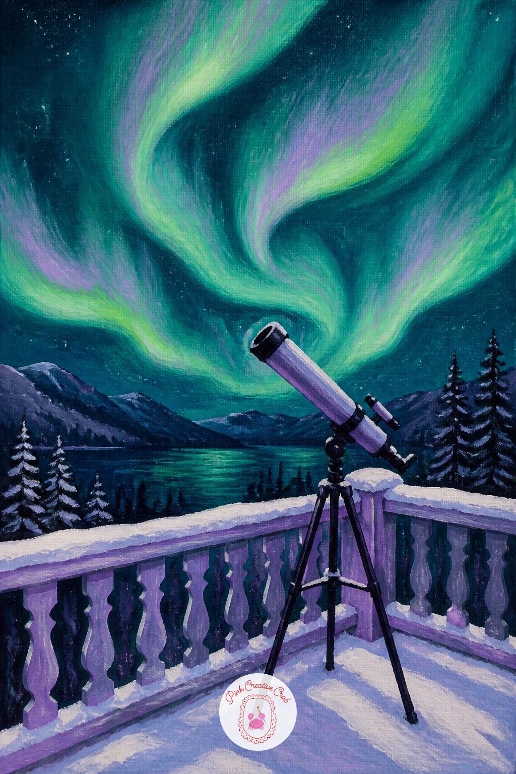 Telescope on a Snowy Balcony — A telescope on a snowy balcony pointed at the dancing aurora is a good subject for thinking about where the light source sits