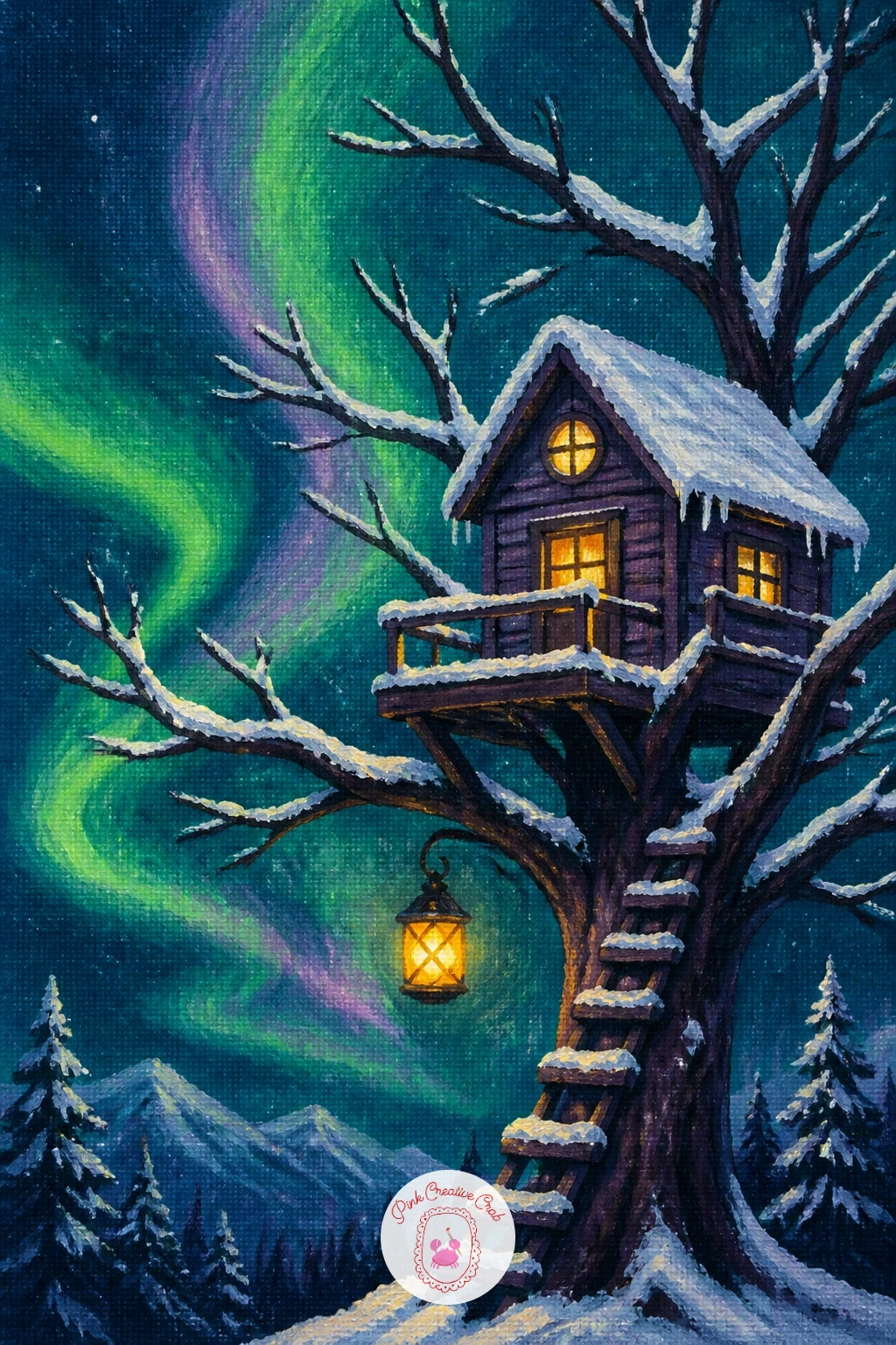 Snowy Treehouse With a Glowing Lantern — A snowy treehouse with a glowing lantern under the northern lights closes the list with a cozy, slightly fairy-tale