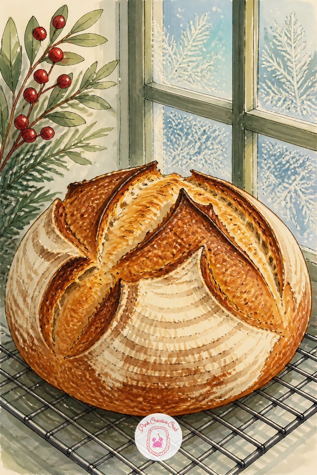 Sourdough Loaf Cooling by a Frosty Window — Start where many bread drawings start: a round sourdough loaf sitting on a wire cooling rack, a frosty windowpane