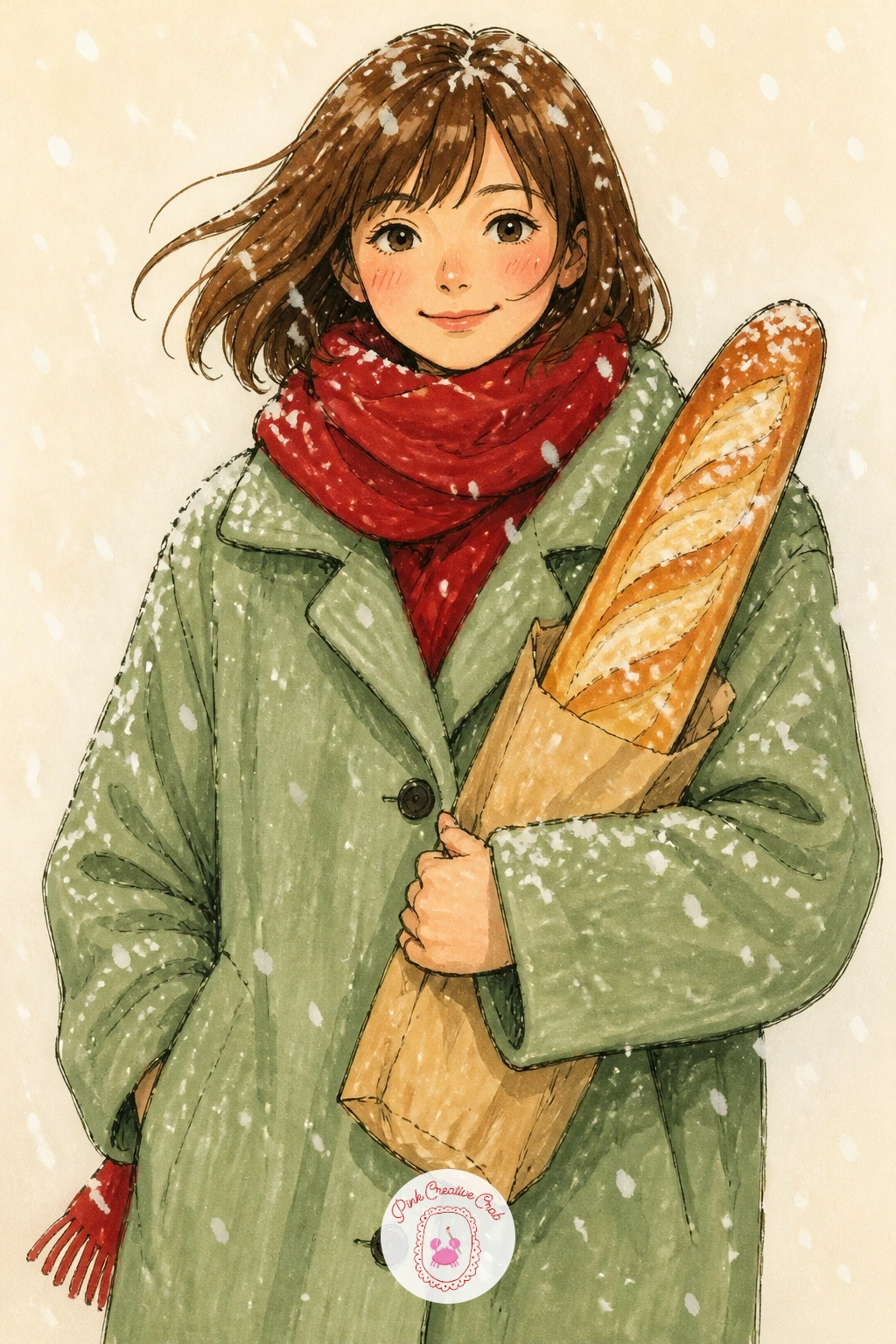 Girl Carrying a Baguette Home Through Snow — Carry the bread outdoors for this one: a girl in a coat walks toward you with a baguette tucked under one arm