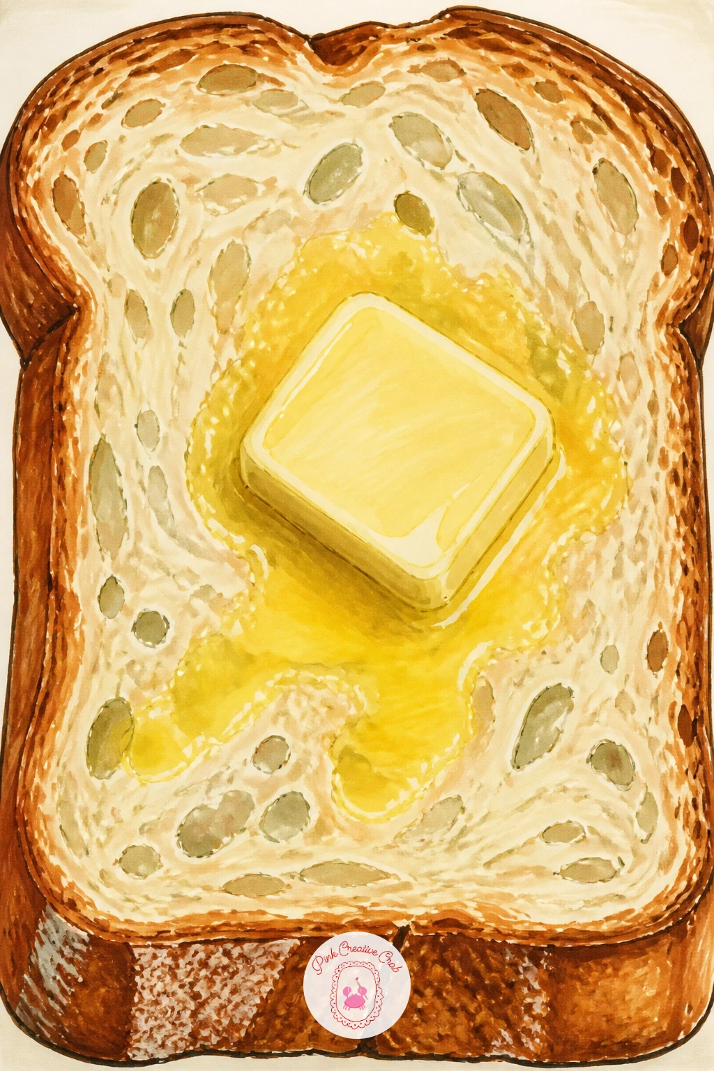 Thick Slice With Butter Melting on Top — Zoom right in for this one, a single thick slice of bread lying flat, a pat of butter half melted across the top.