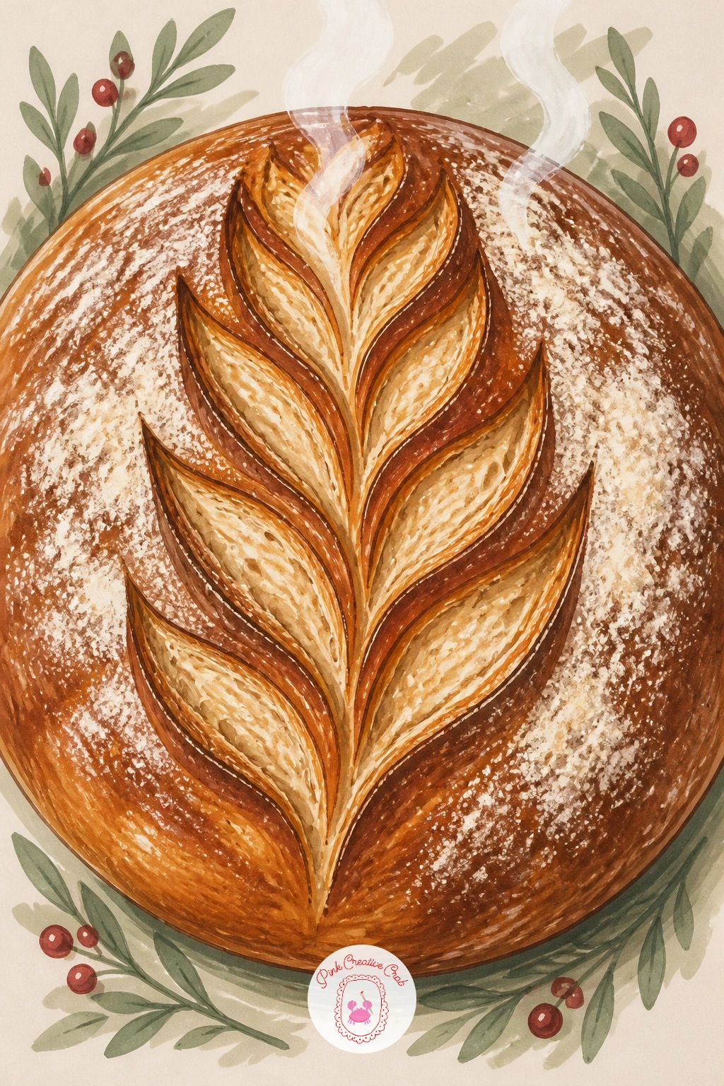 Scored Loaf With a Wheat Pattern, Fresh From the Oven — After drawing a plain scored loaf earlier, give this one a decorative touch: a round loaf with a wheat
