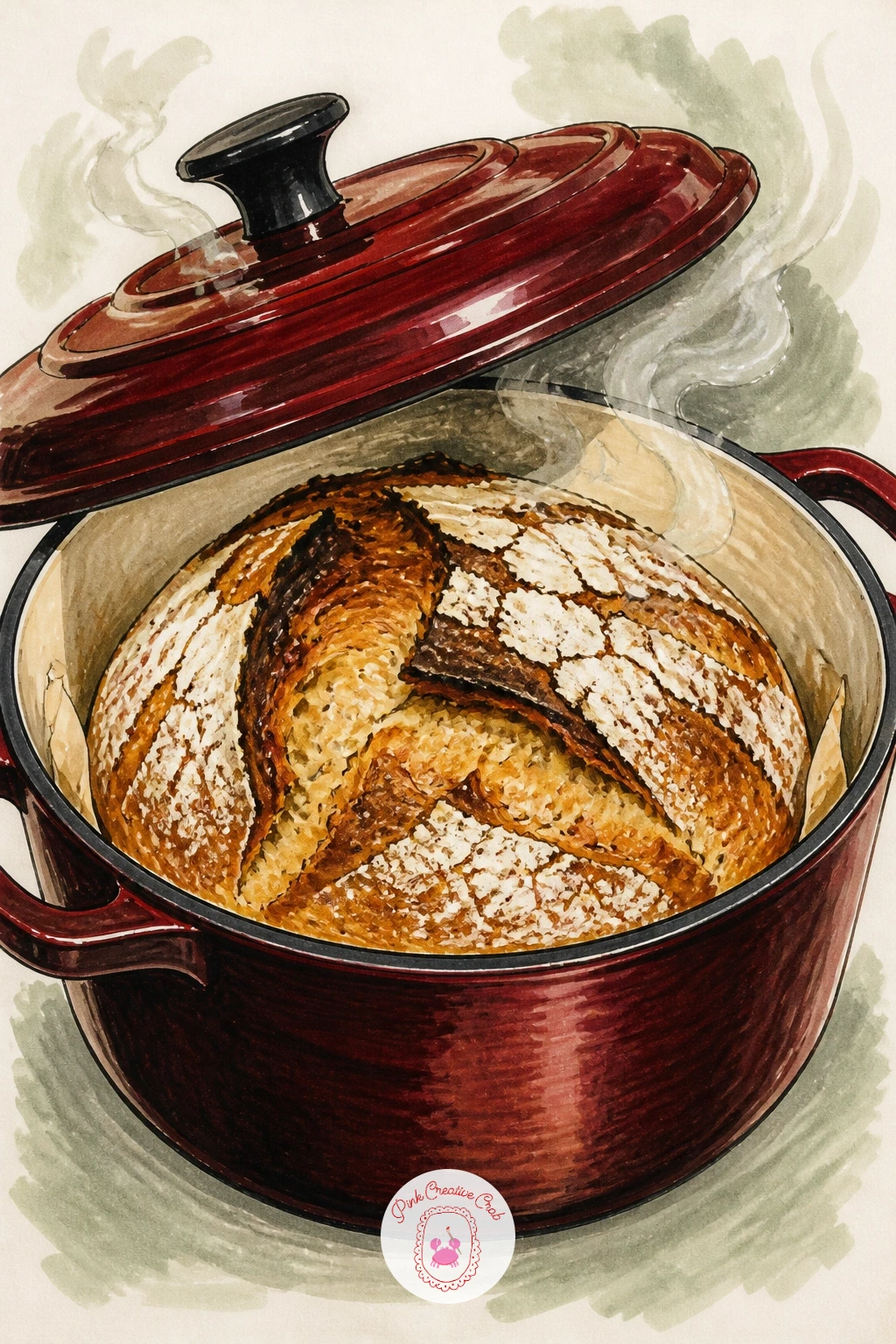 Dutch Oven Lid Lifted to Reveal a Crackly Loaf — This scene adds drama through the reveal: a heavy dutch oven with its lid tilted up, steam escaping, a crackly
