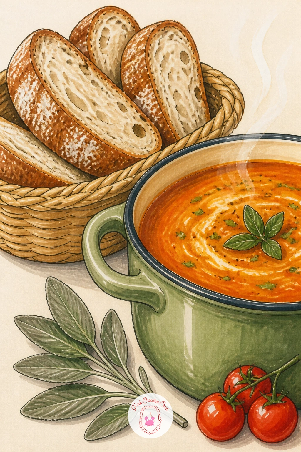 Bread Basket Beside a Pot of Soup — Move the bread to the dinner table for this one, a woven basket of sliced bread next to a pot of soup. Bread drawing