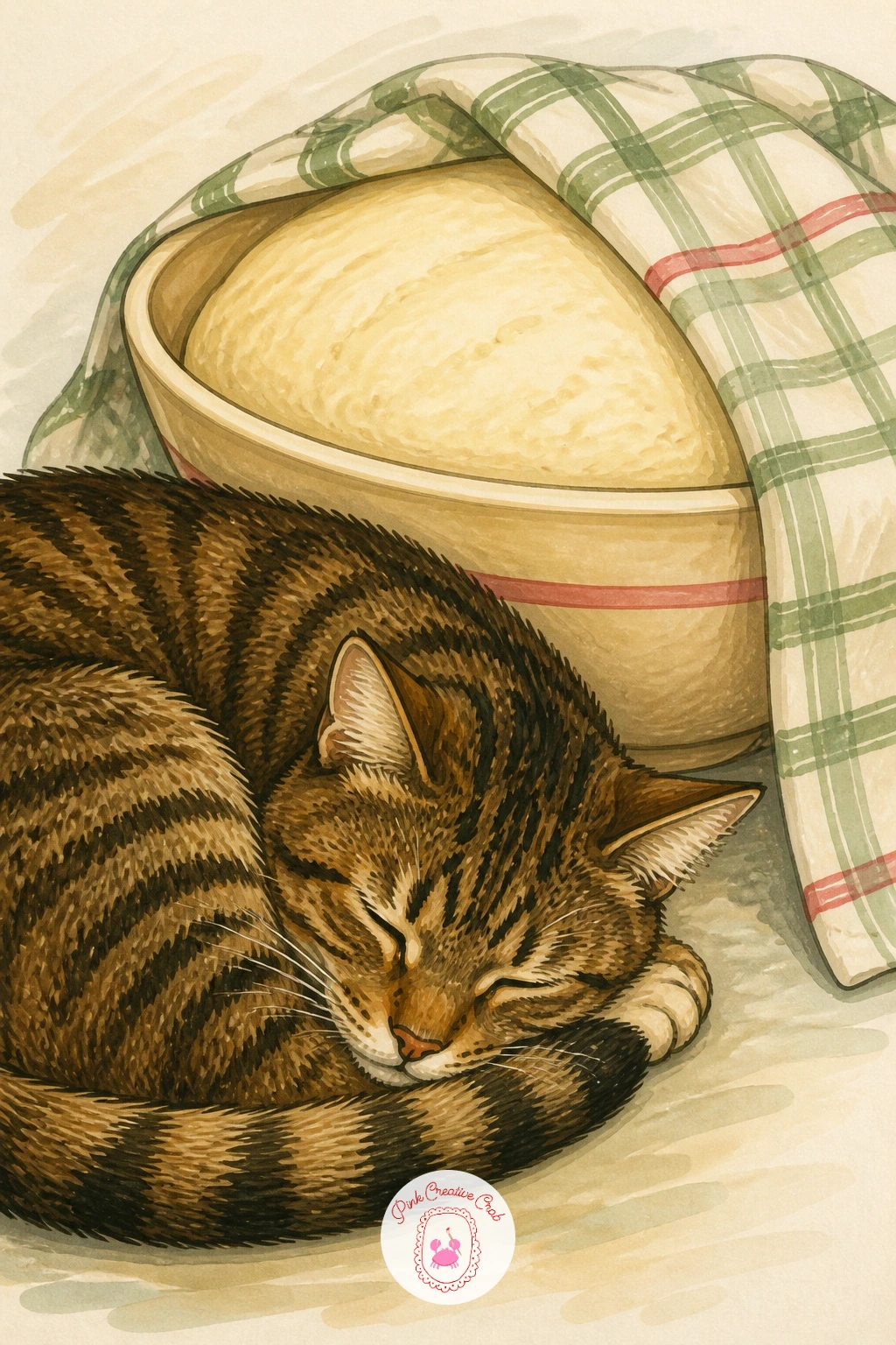 Cat Sleeping Beside Rising Dough Under a Tea Towel — Bring a little life into the kitchen scene with a cat curled up asleep next to a bowl of dough rising