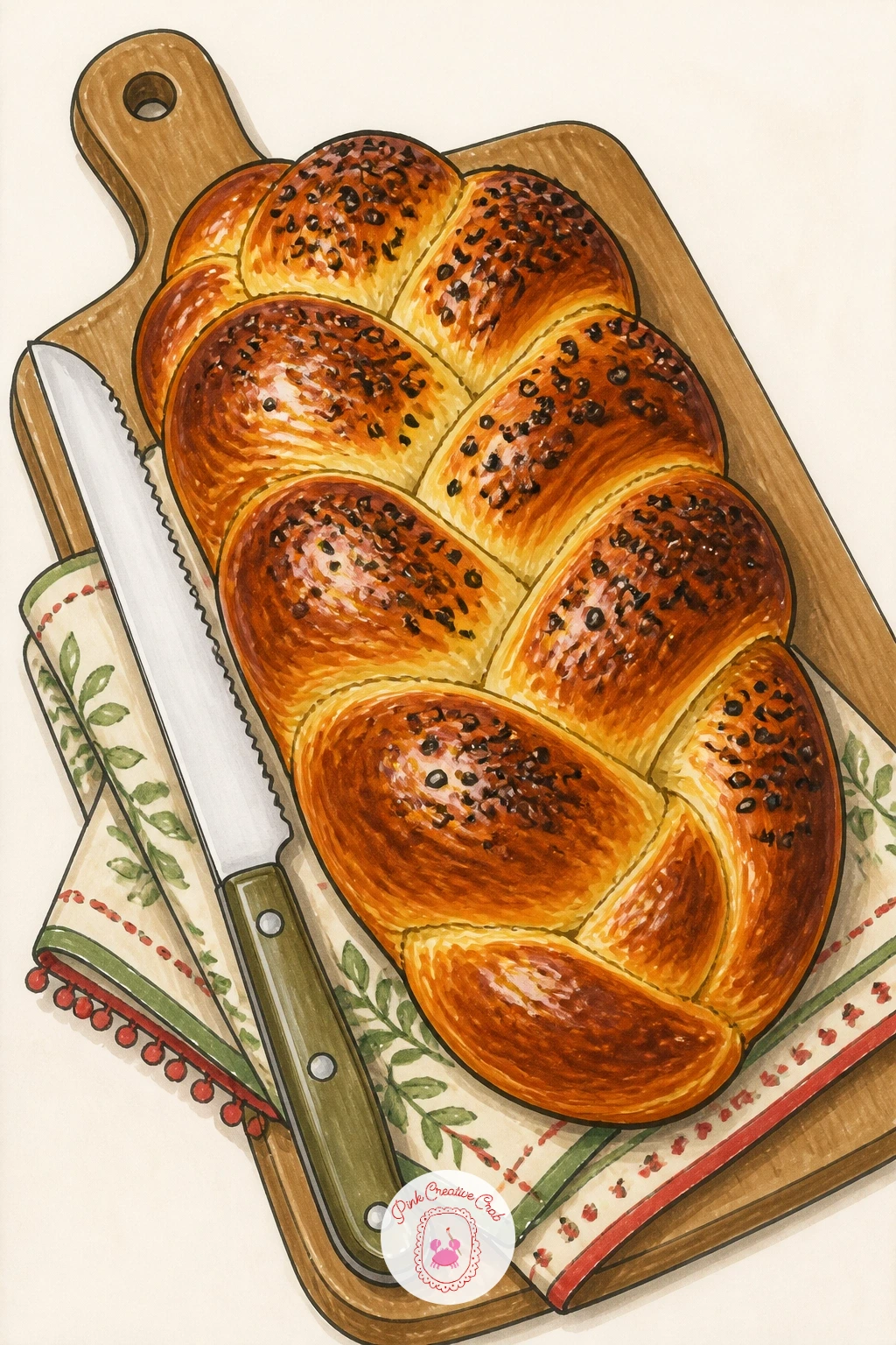 Braided Challah on a Cutting Board — Braided challah gives you a satisfying pattern to draw once you break it into steps. Bread drawing