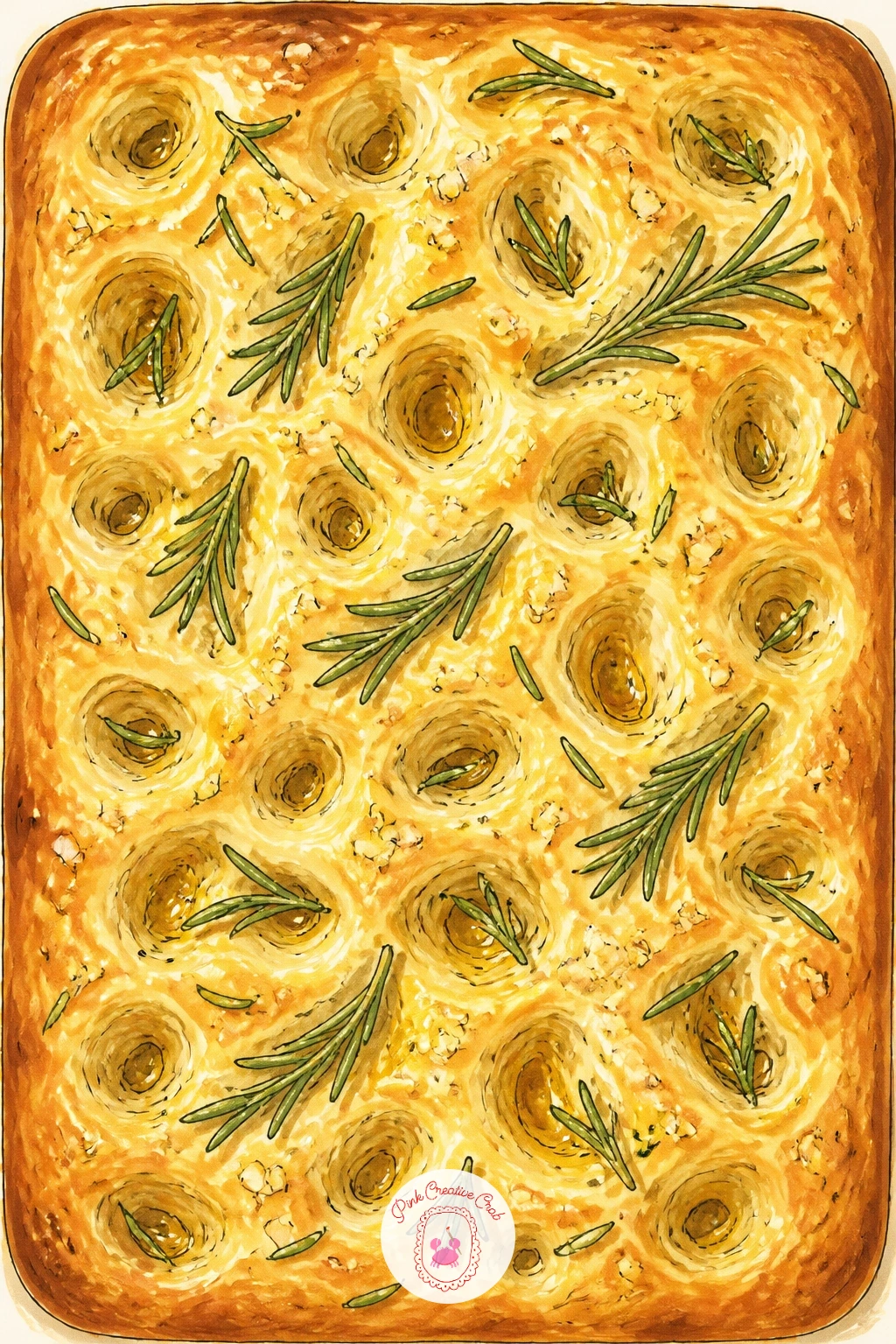 Dimpled Focaccia With Rosemary and Sea Salt — Focaccia gives you a flat, wide canvas to fill with texture instead of a tall loaf shape. Bread drawing