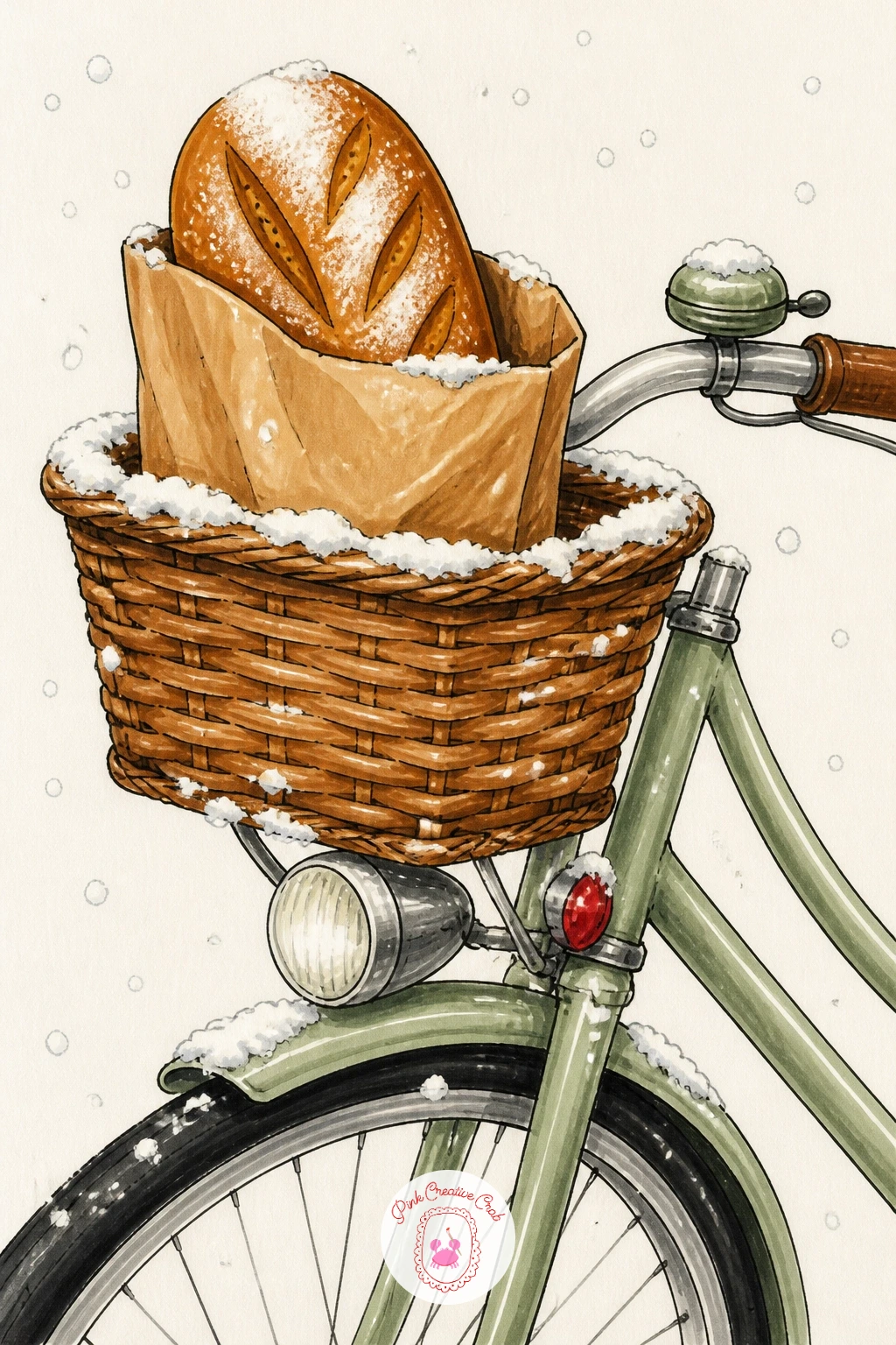 Paper-Bagged Loaf in a Bike Basket in Snow — Give the bread a journey for this one, a loaf poking out of a paper bag in a bicycle basket, snow settling on the