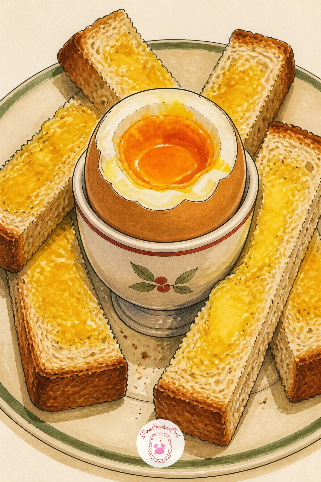 Toast Soldiers Beside a Soft Boiled Egg — Toast soldiers next to a soft boiled egg makes a cheerful, simple composition built from repeated shapes. Bread