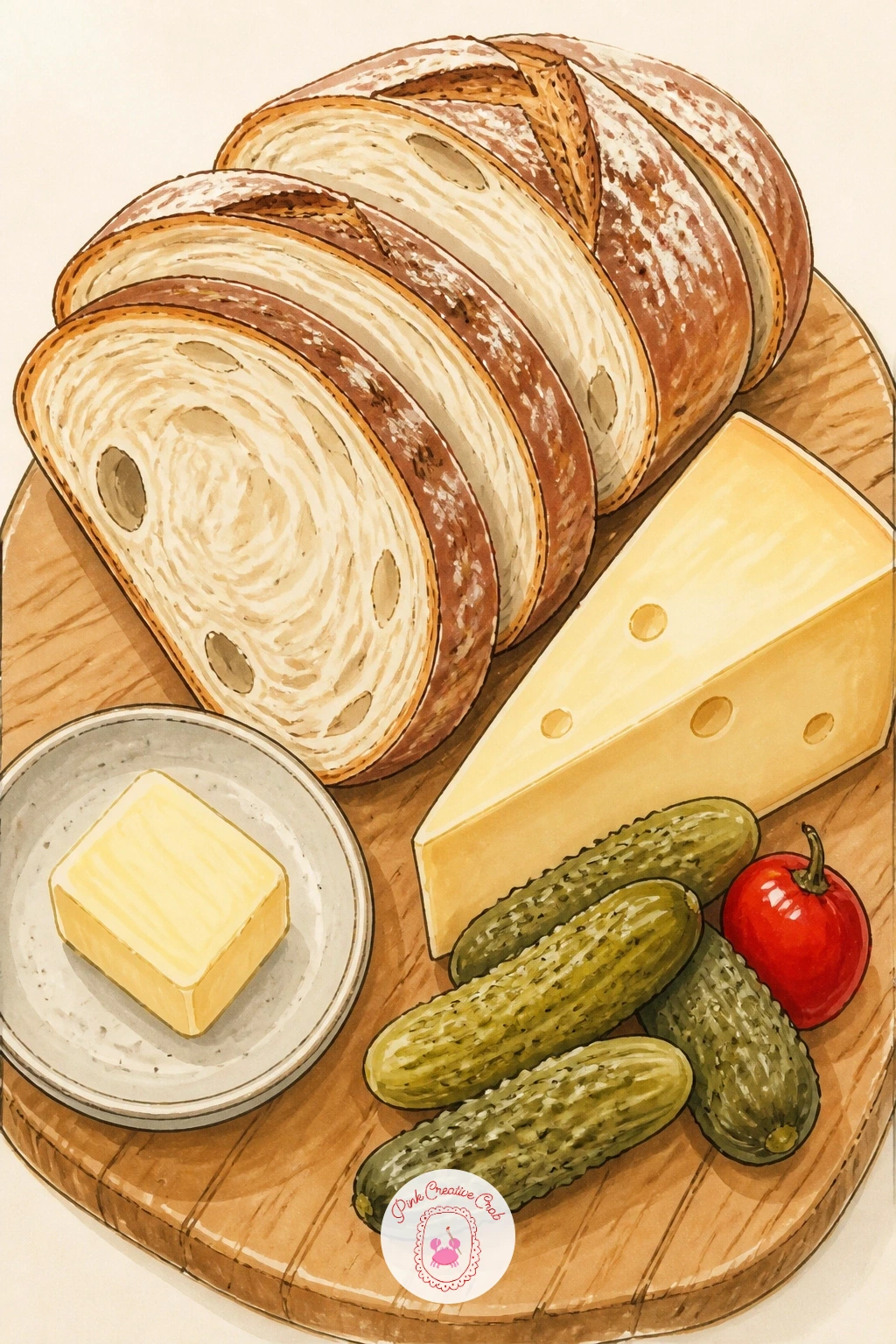 Bread Board With Cheese, Butter and Pickles — Build a small still life for this one, a wooden board holding a few bread slices, a wedge of cheese, a pat of