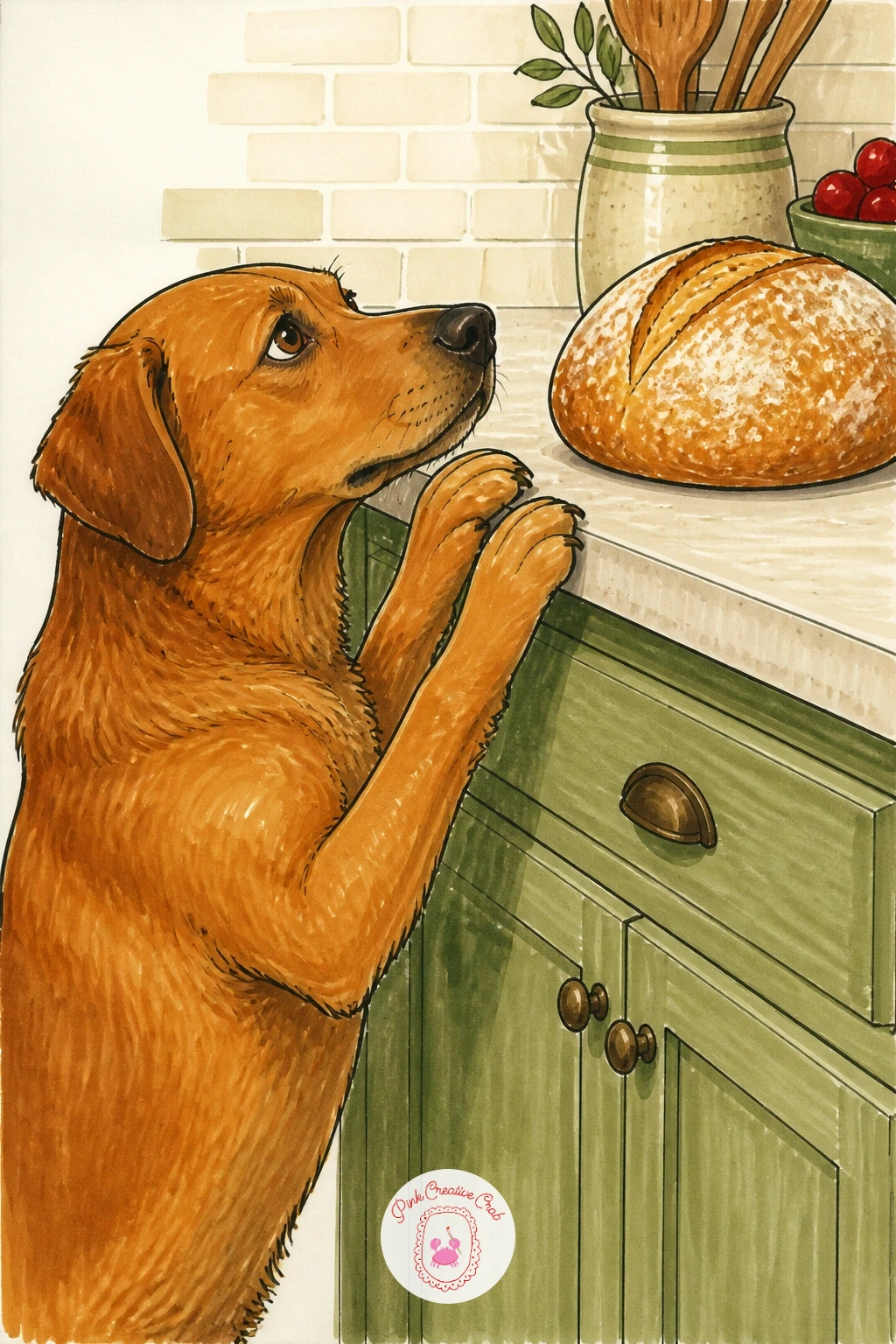 Dog Staring Longingly at a Loaf on the Counter — Give the kitchen a bit of comedy with a dog standing on hind legs or craning its neck toward a loaf sitting