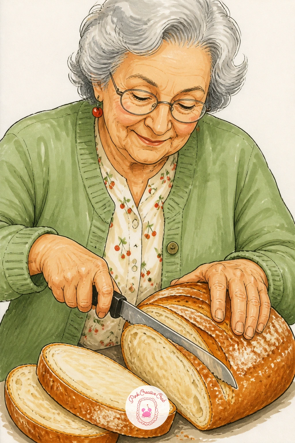 Grandmother Cutting Thick Slices at the Table — Bring a quiet family moment into the kitchen with a grandmother seated at a table, cutting thick slices from a