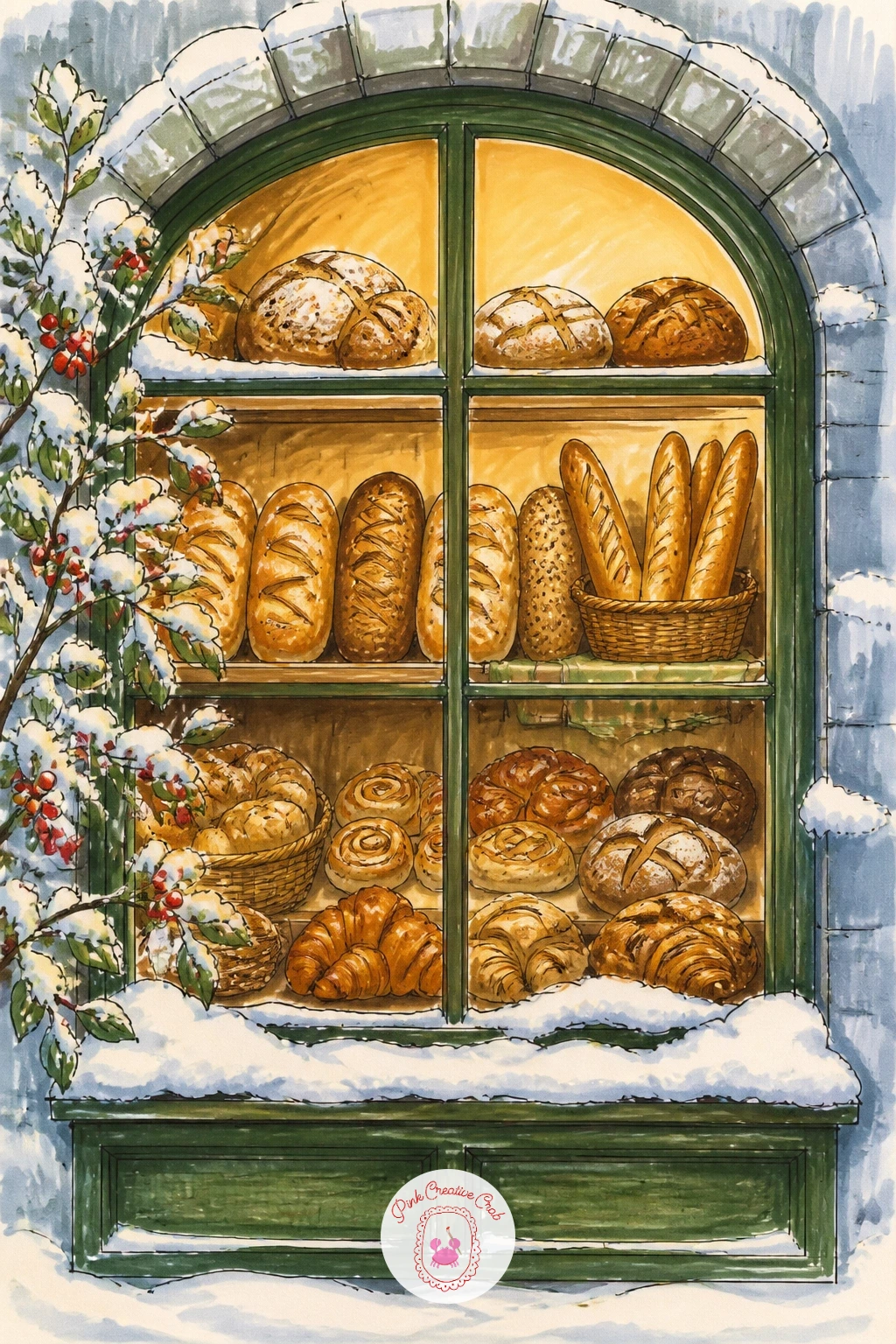 Bakery Window Full of Loaves With Snow on the Sill — Step outside for a wider scene, a bakery window packed with loaves and pastries, a thin layer of snow