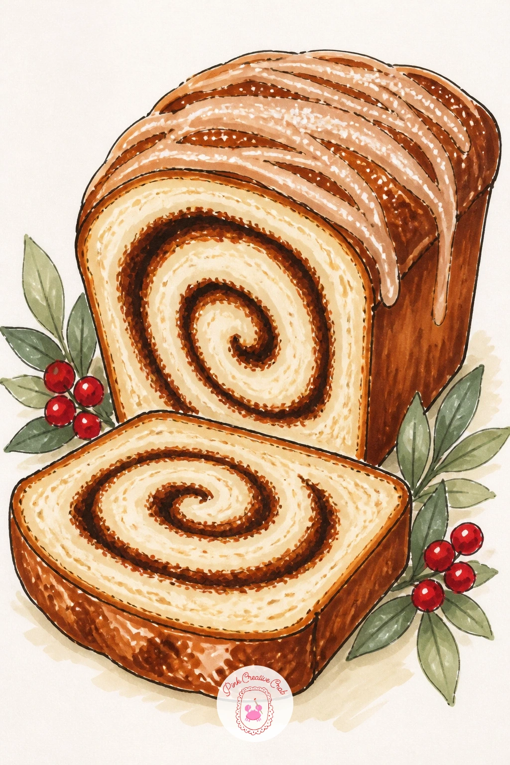Cinnamon Swirl Loaf With One Slice Showing the Spiral — A cinnamon swirl loaf gives you a satisfying pattern reveal once one slice is cut away. Bread drawing