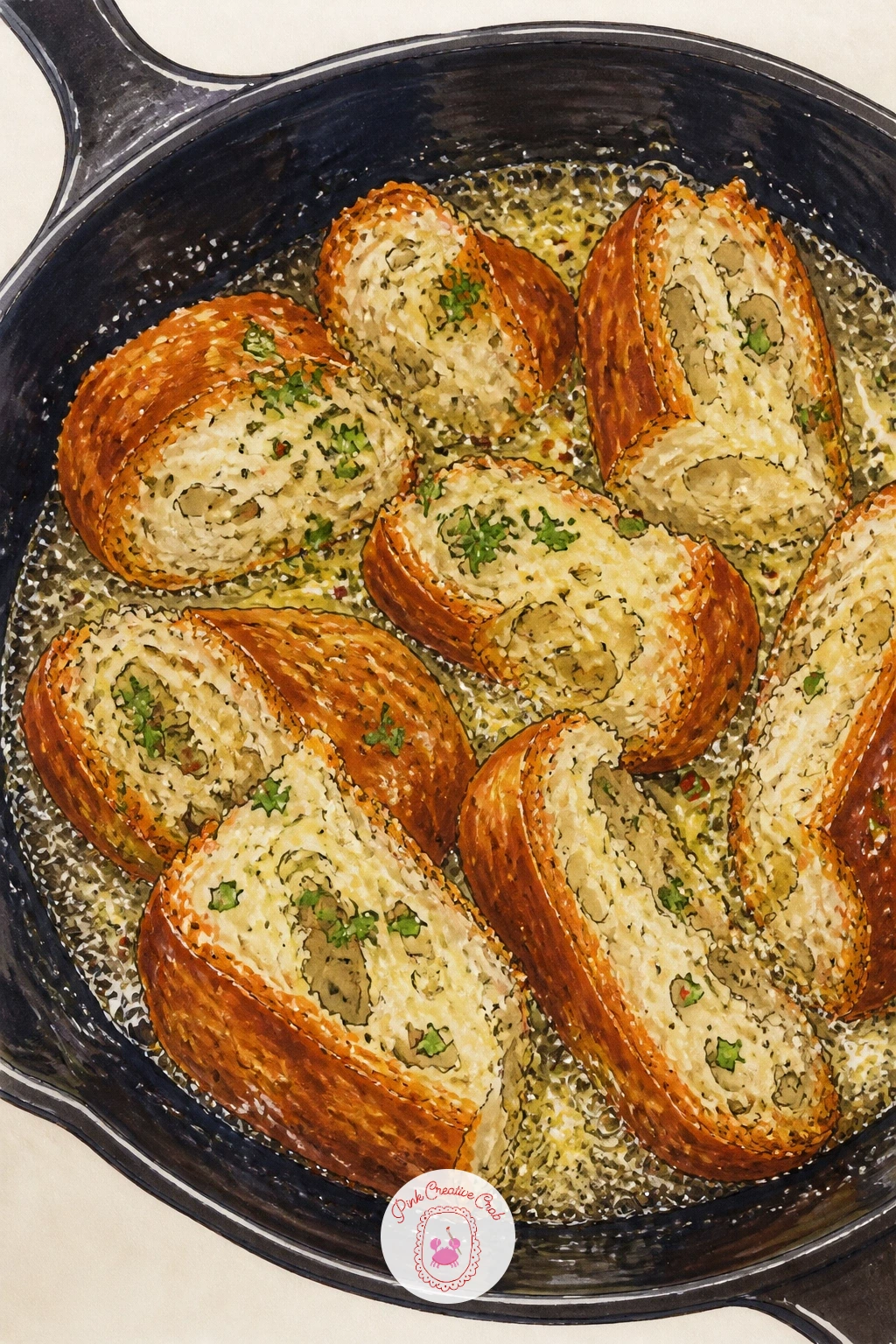 Garlic Bread Bubbling in a Cast Iron Pan — Garlic bread in a cast iron pan lets you draw bubbling cheese and butter without needing a full loaf shape. Bread