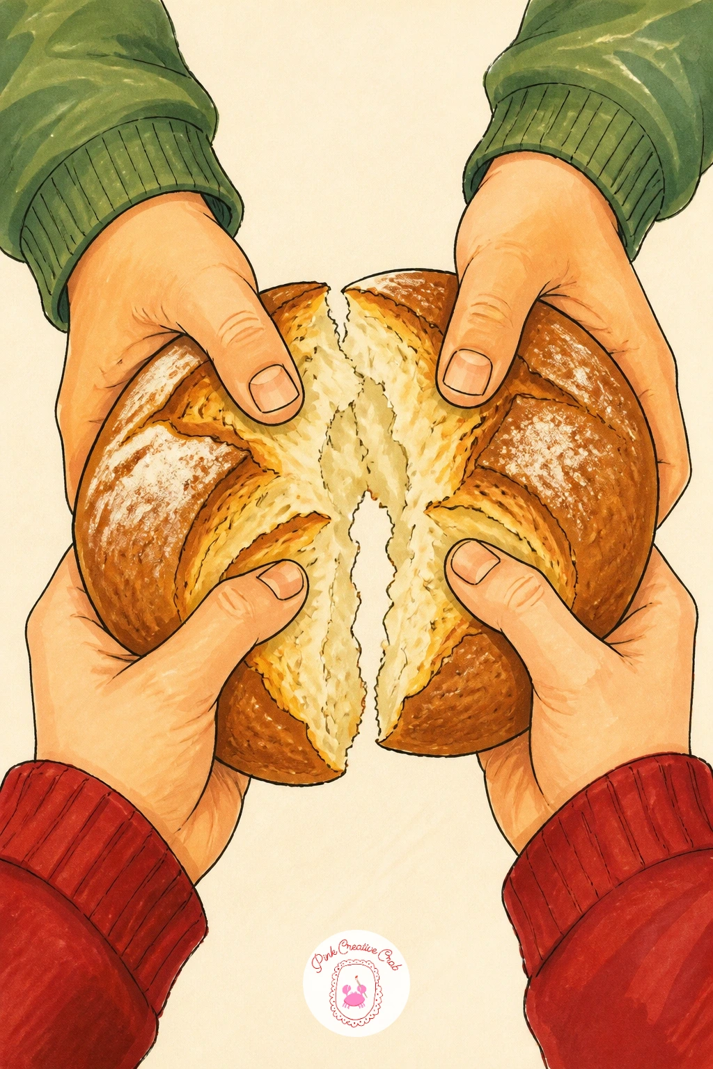 Two Friends Tearing a Warm Loaf Apart on a Cabin Table — Give this scene a bit of warmth between people, two pairs of hands reaching toward the same loaf, each