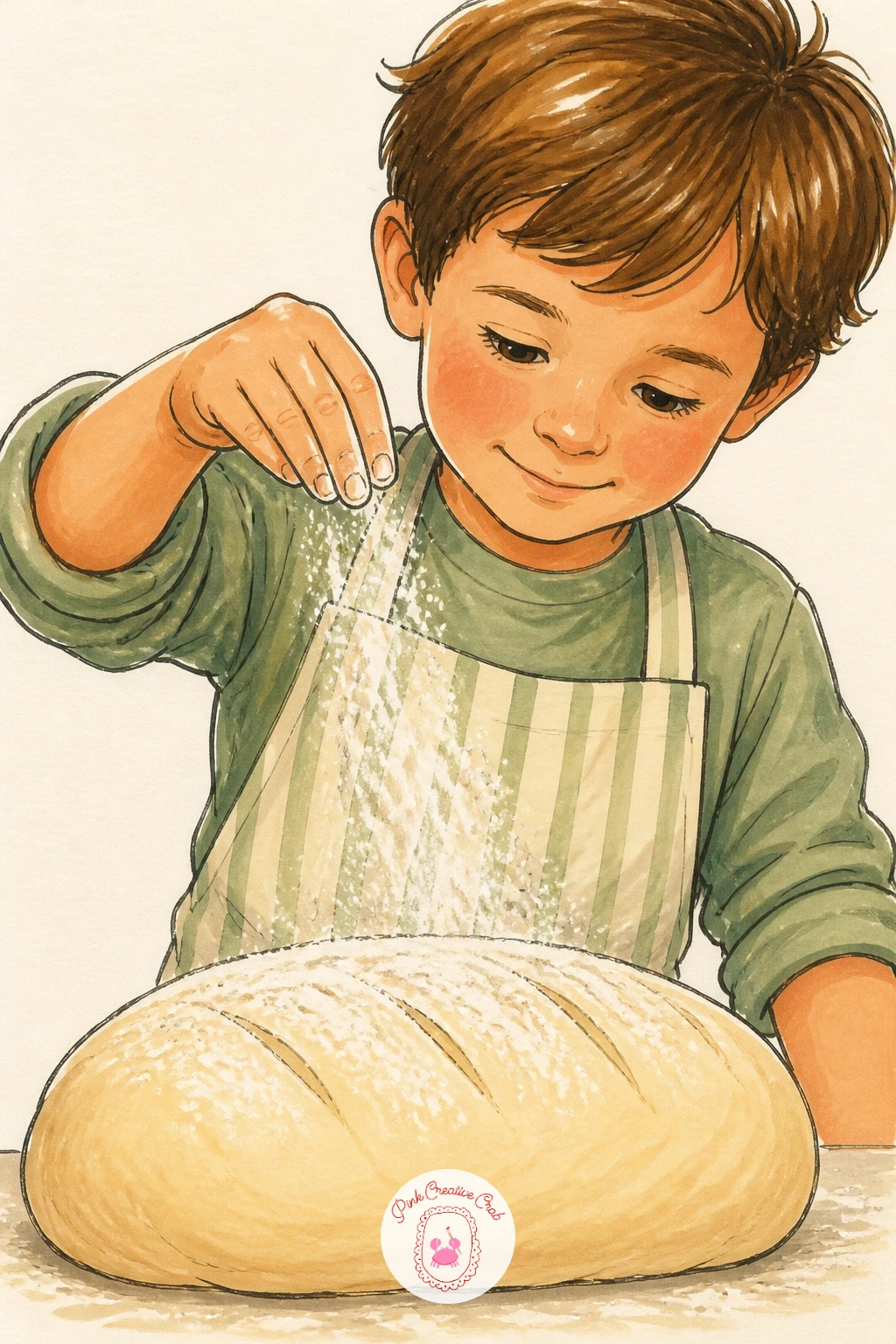 Little Boy Dusting Flour Over a Loaf Before Baking — A little boy dusting flour over a raw loaf adds a playful moment before the bread even reaches the oven.