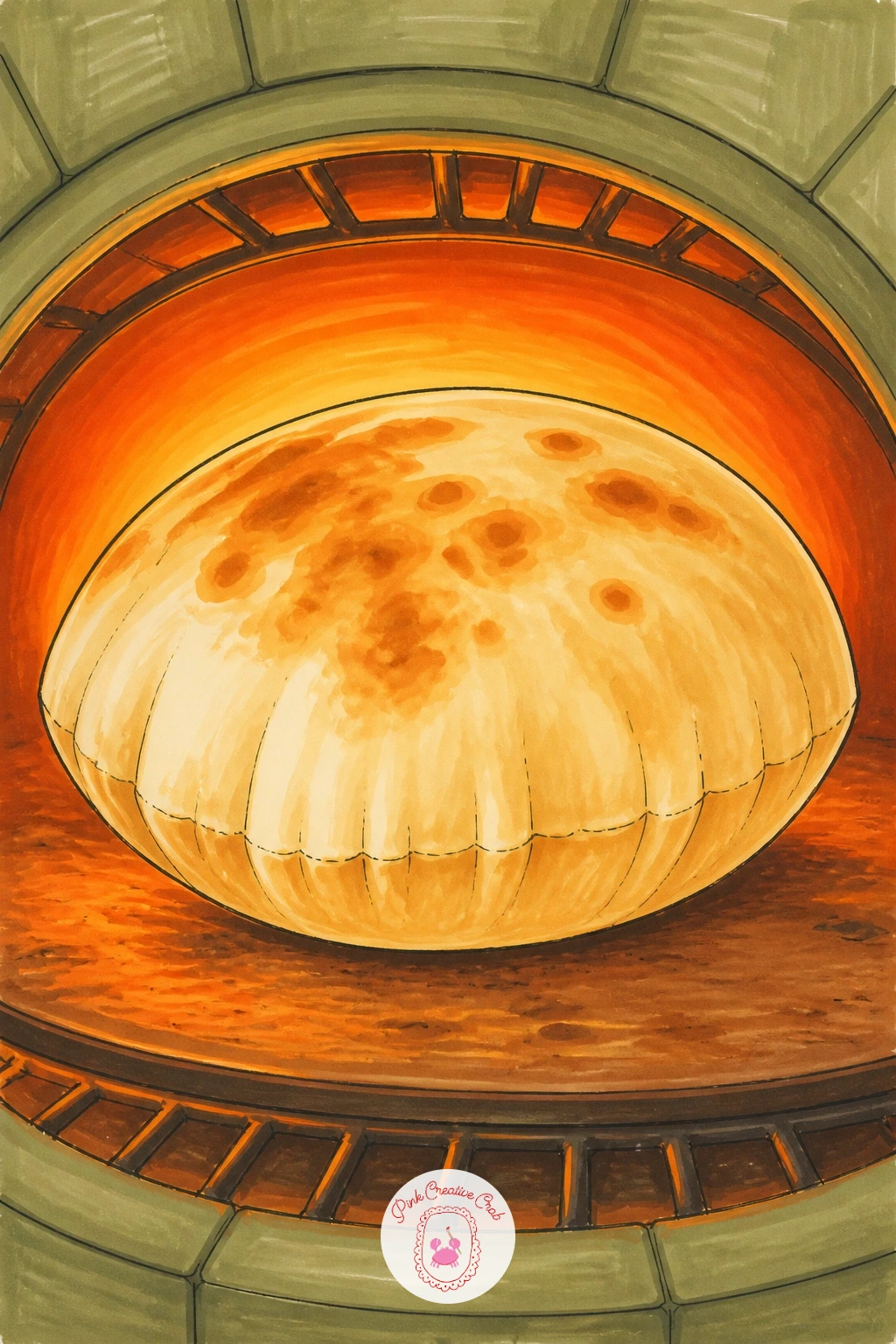 Pita Puffing Up Inside a Hot Oven — A pita mid-puff inside an oven gives you a chance to draw a moment of motion rather than a finished loaf. Bread drawing
