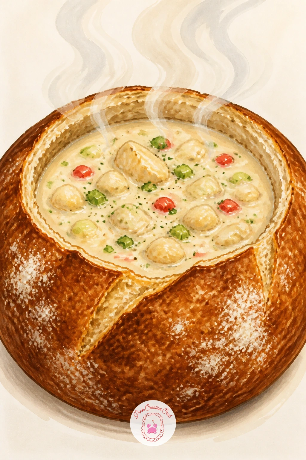 Bread Bowl Filled With Steaming Chowder — A bread bowl filled with chowder turns the loaf itself into the dish. Bread drawing