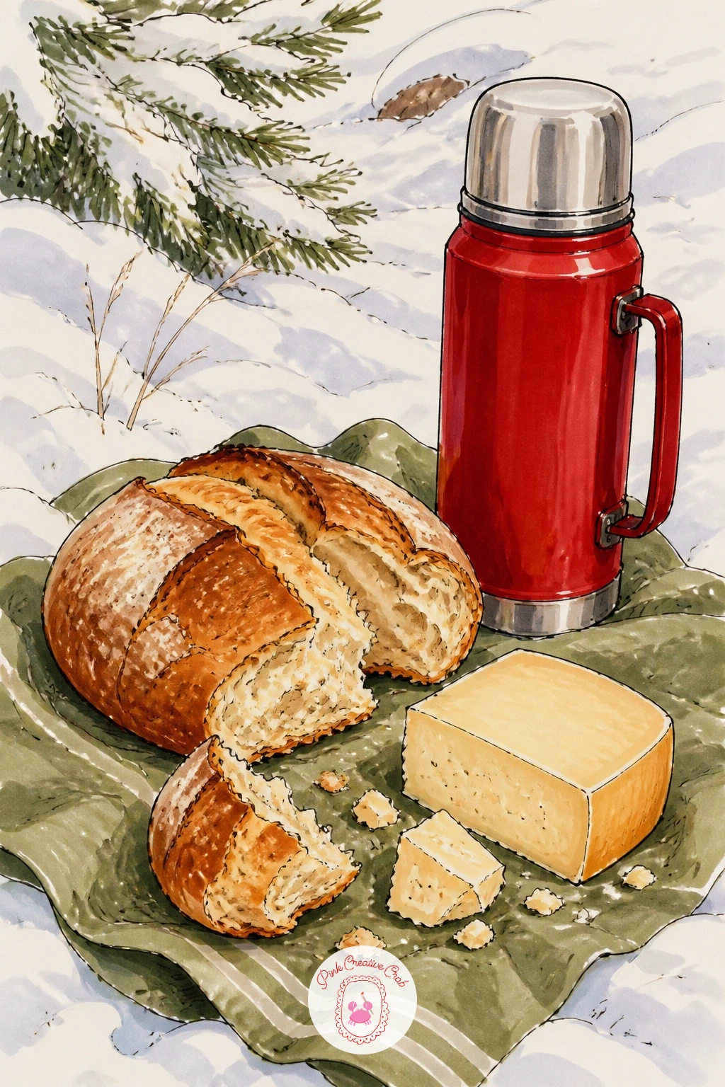 Snowy Hike Picnic of Bread, Cheese and a Thermos — Take the bread outside for a picnic scene, bread, cheese and a thermos laid out on a cloth over snow. Bread