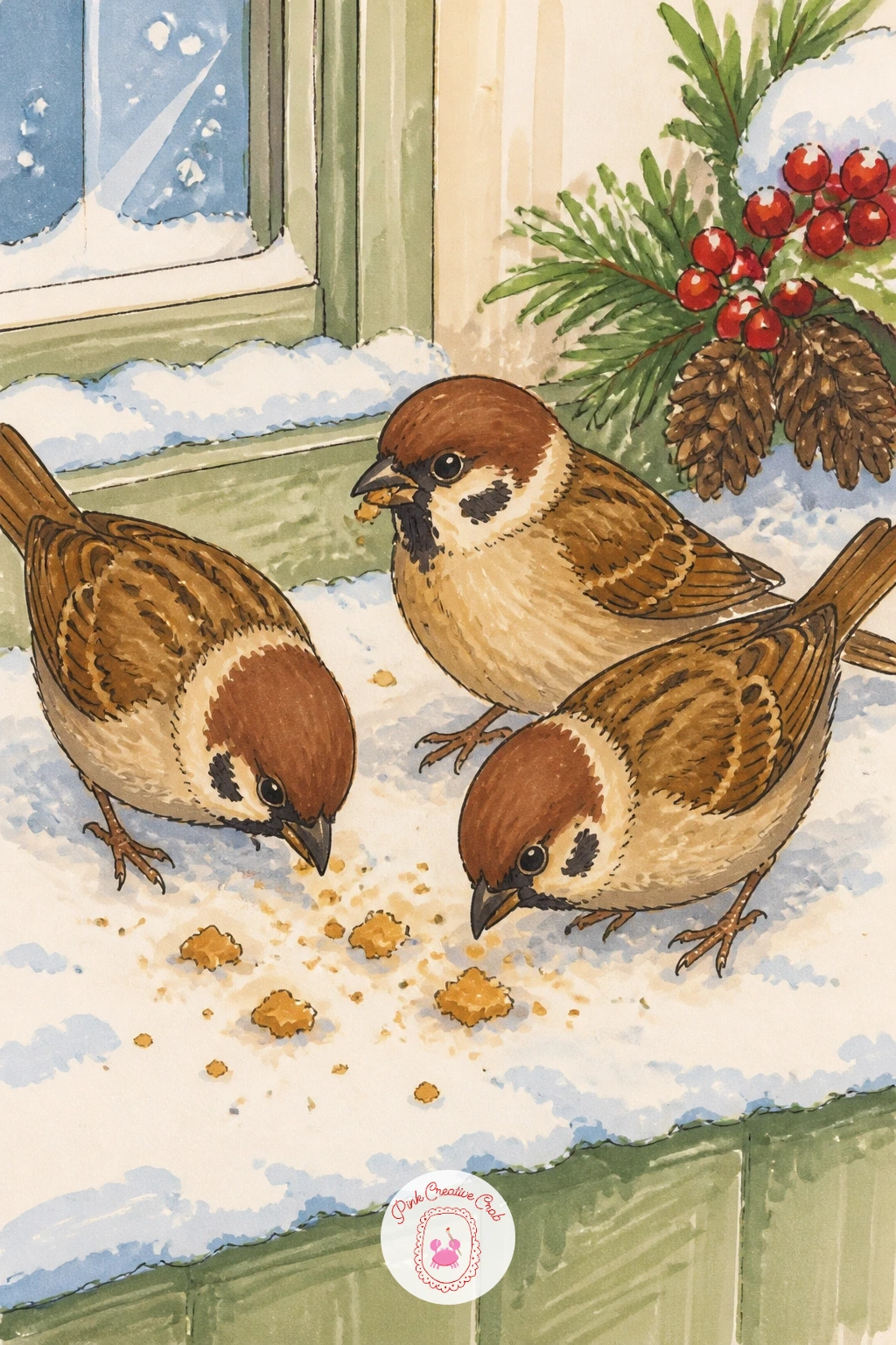Sparrows Pecking Breadcrumbs on a Snowy Windowsill — Bring the scene outdoors to a windowsill where a few sparrows peck at scattered breadcrumbs in the snow.