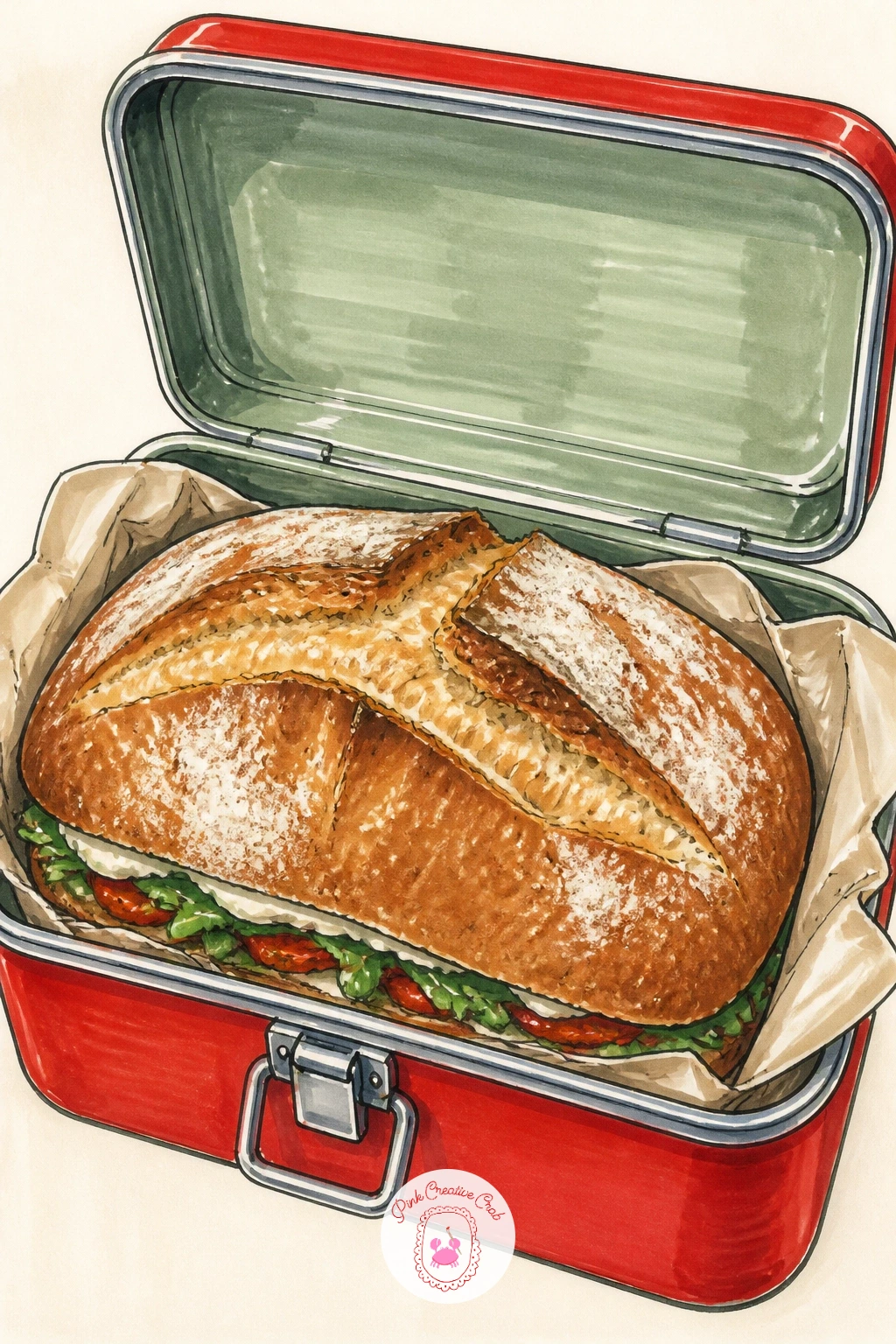 Crusty Sandwich Packed Into a Lunch Tin — A sandwich of crusty bread being packed into a lunch tin is a small, everyday moment worth drawing in detail. Bread