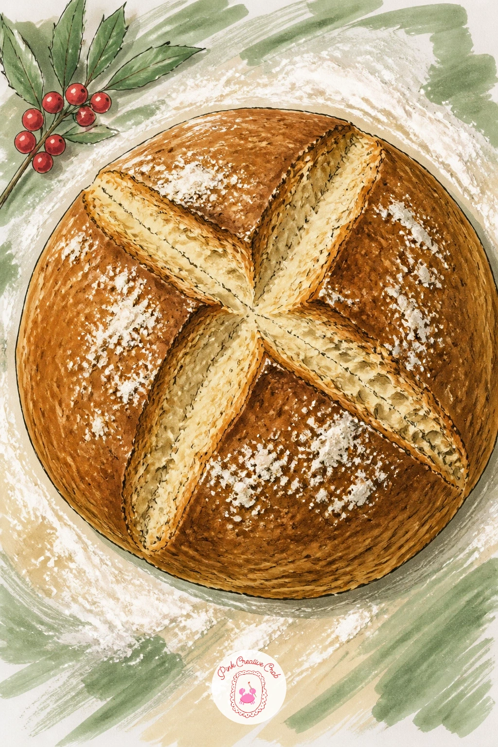Soda Bread With a Deep Cross Cut on a Floury Board — Soda bread's deep cross cut gives you one bold, confident mark to build the whole drawing around. Bread