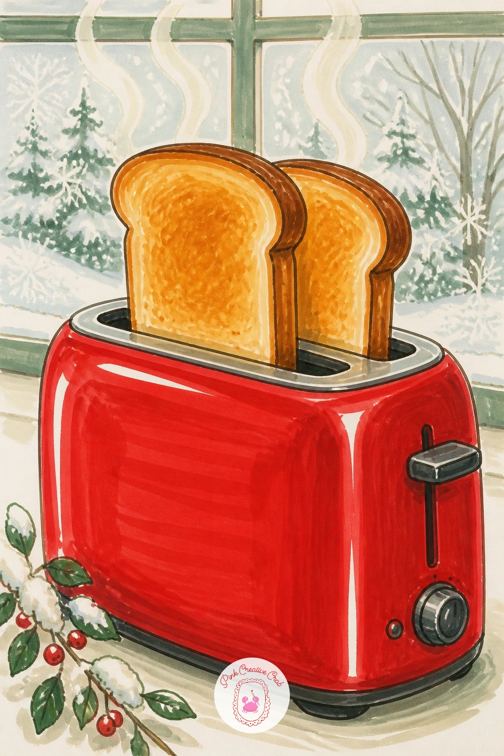Toaster Popping Out Two Slices on a Snowy Morning — A toaster popping two golden slices up is a fun bit of motion to end a kitchen-focused run of ideas on.