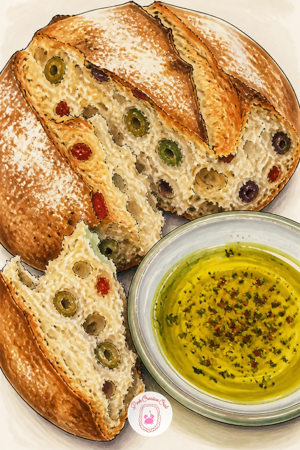 Olive Bread Beside a Bowl of Dipping Oil — Close with a Mediterranean touch, a rustic olive bread loaf beside a small bowl of oil for dipping. Bread drawing