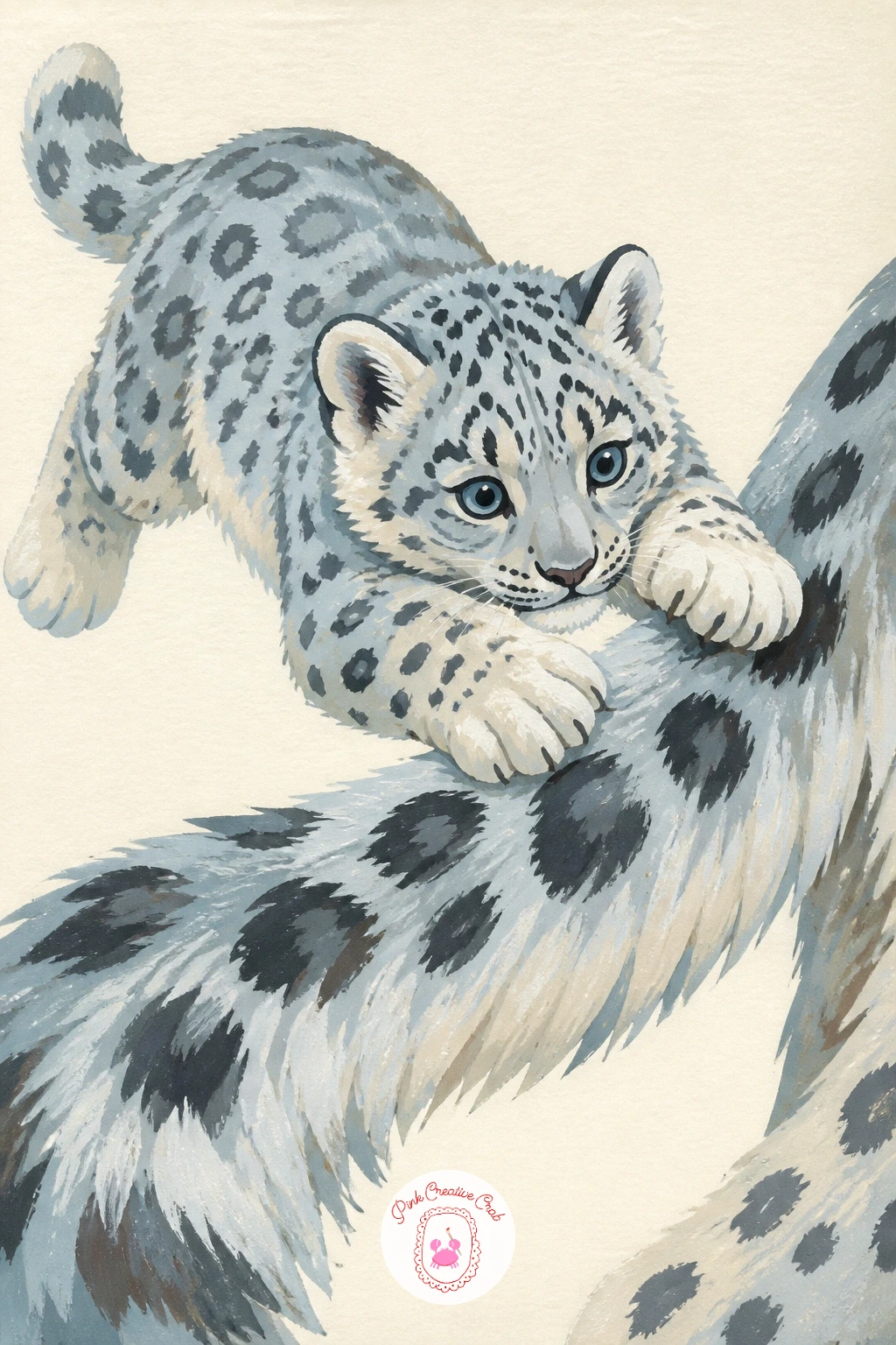 Snow Leopard Cub Pouncing on Tail — Start the cub as two overlapping ovals, one for the body low to the ground and one smaller for the head tipped forward