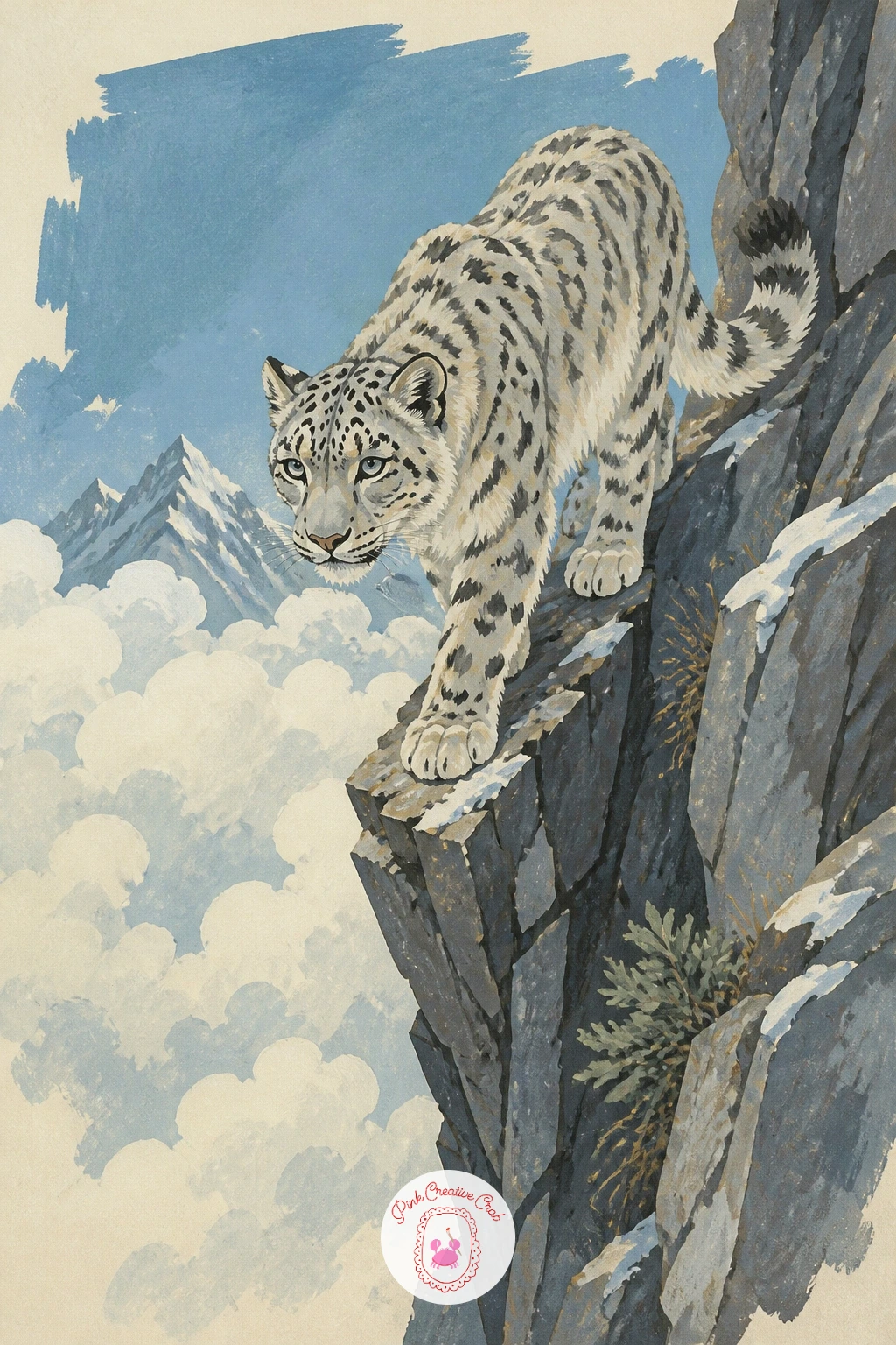 Snow Leopard on a Narrow Ledge Above the Clouds — Snow leopard drawing gets a quiet drama here: the cat balances along a thin rock ledge with a soft bank of