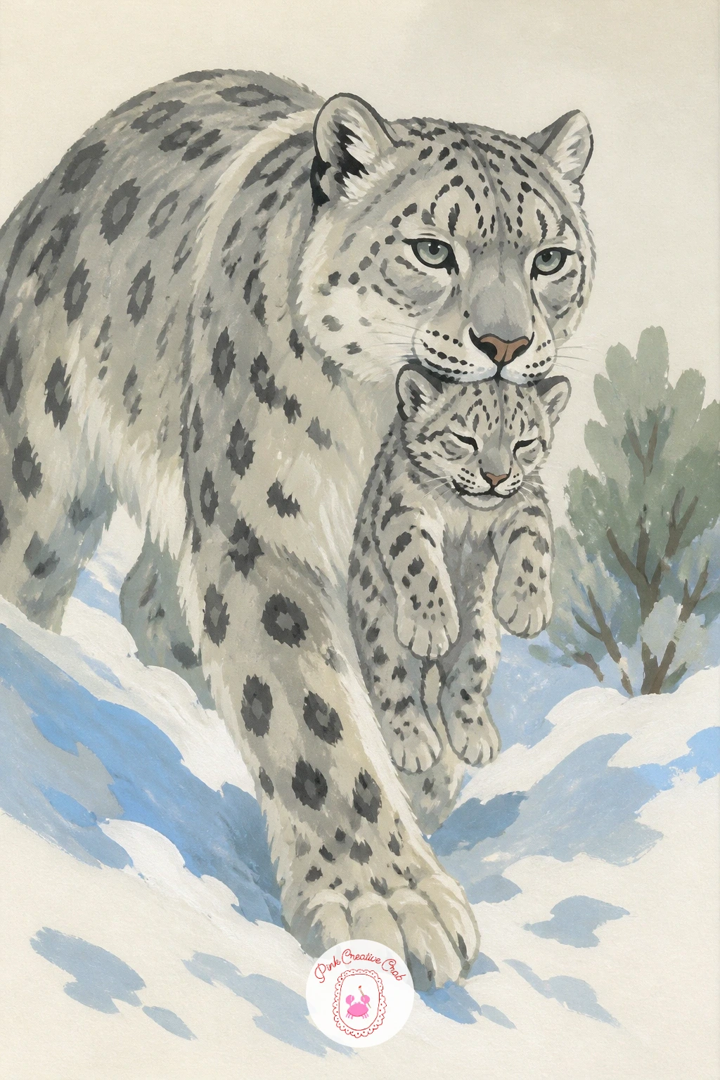 Mother Carrying Cub Through Snow — This one asks for two bodies working as a single shape, so sketch the mother first in a low walking stance, then add the cub