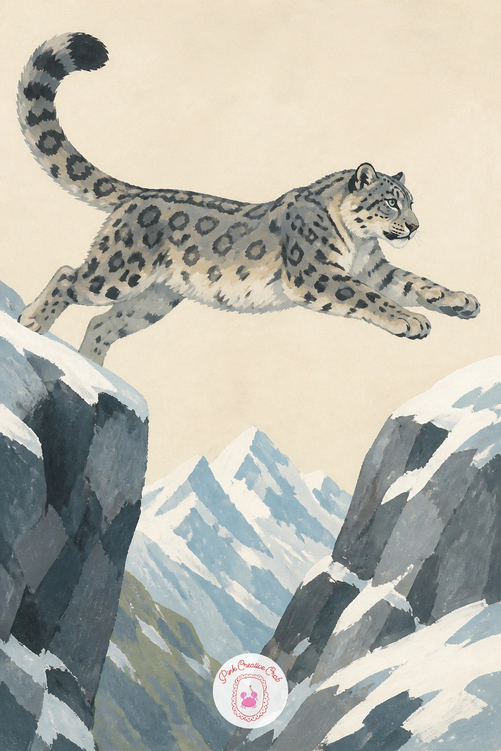 Snow Leopard Leaping Between Two Boulders — Block in both boulders first as solid grey shapes with a gap between them, since the leopard's leap only works if
