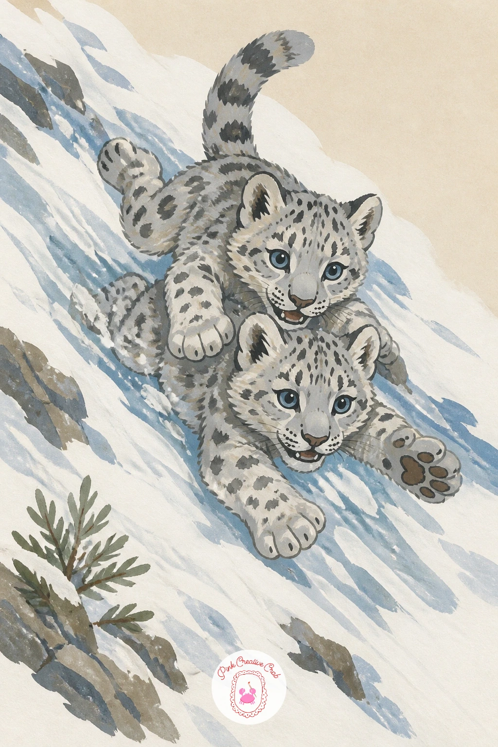 Two Cubs Tumbling Down a Snowy Slope — Give each cub a different pose so the tumble reads as motion rather than two identical cats side by side: one rolling