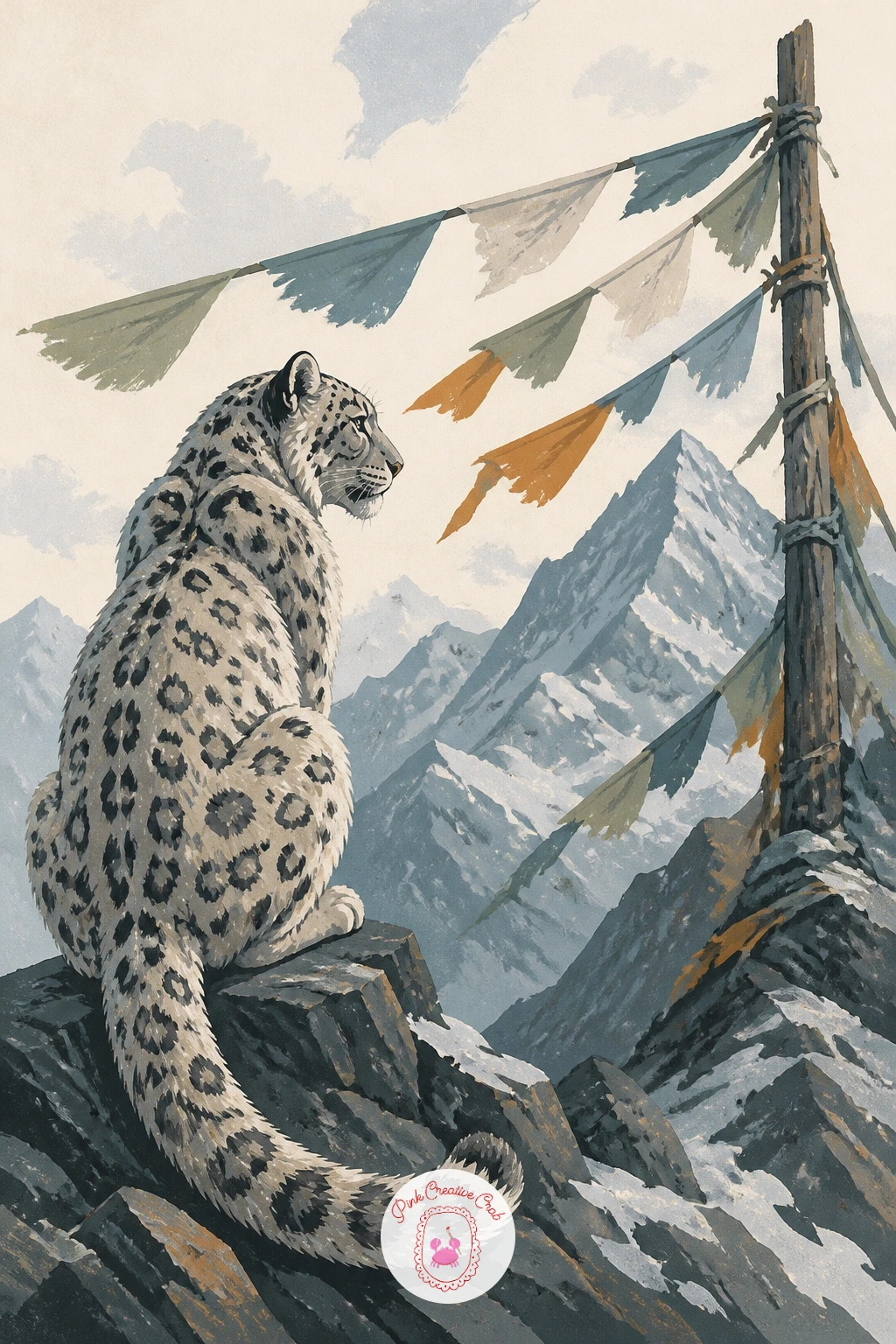 Snow Leopard Watching Prayer Flags — Give the flags the first pass of color, since they set the only bright accent in an otherwise cool scene: paint five or