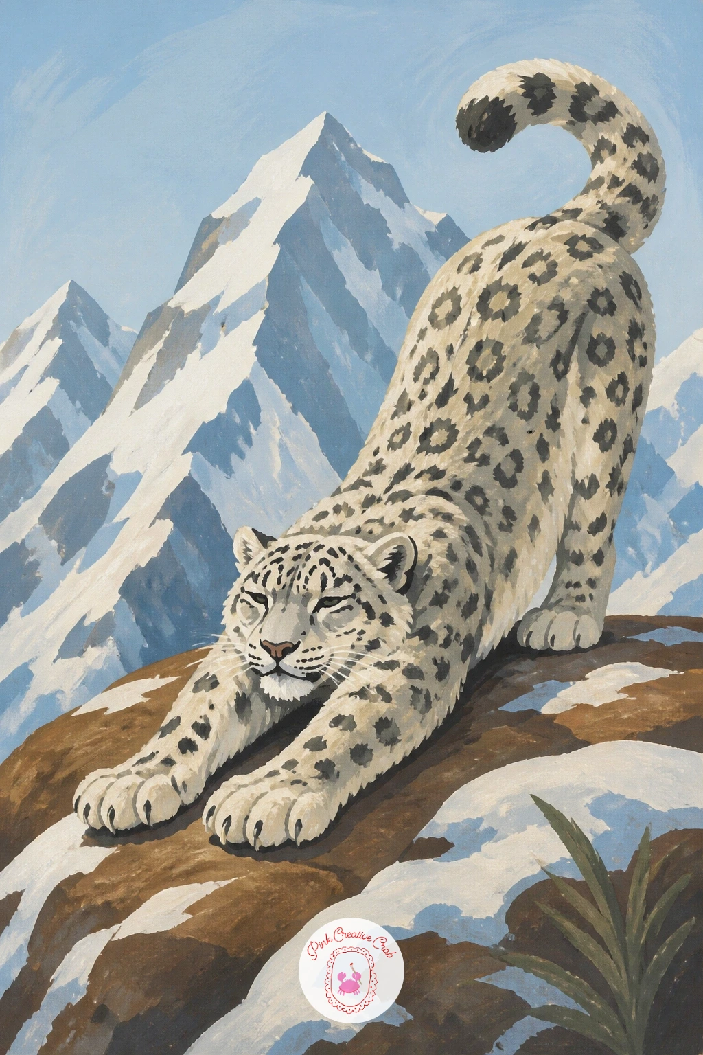 Snow Leopard Stretching on a Sunny Rock — Build the stretch from the spine out: draw one long arched line for the back first, then hang the front legs down and