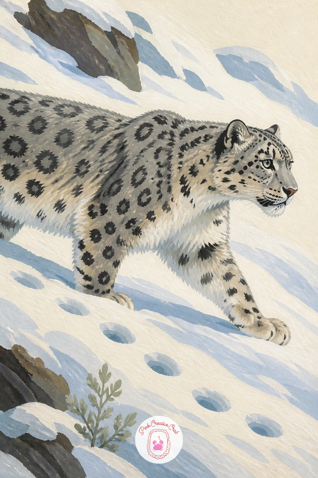 Snow Leopard Padding Through Fresh Powder — Walk the leopard across the page in profile, which is the easiest angle for showing a clear stride, then build the